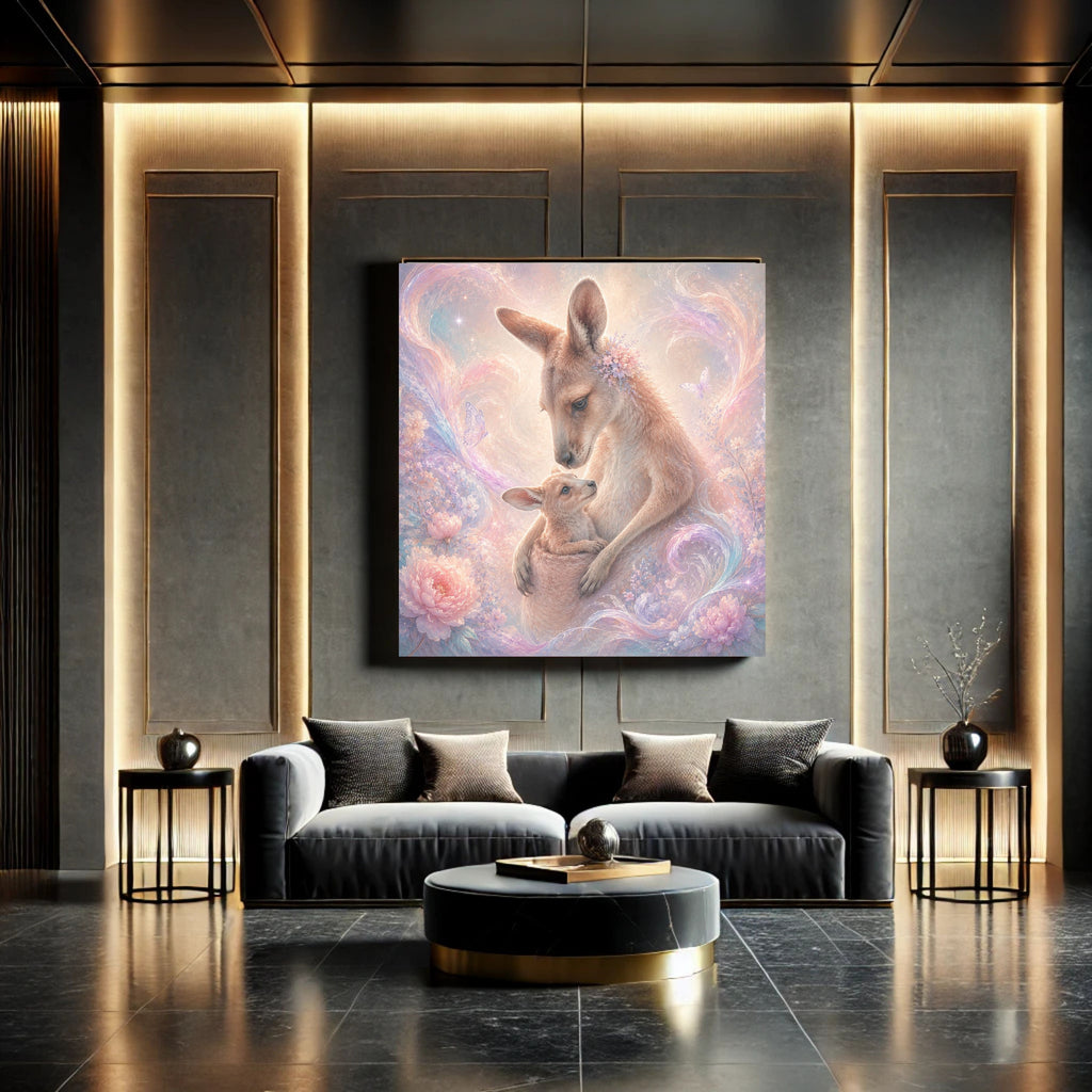 Dreamy Pastel Kangaroo Nursery Wall Art Printable, Mother and Joey Floral Love Poster, Australian Animal Kids Bedroom Print, Instant Digital Download, 300 DPI