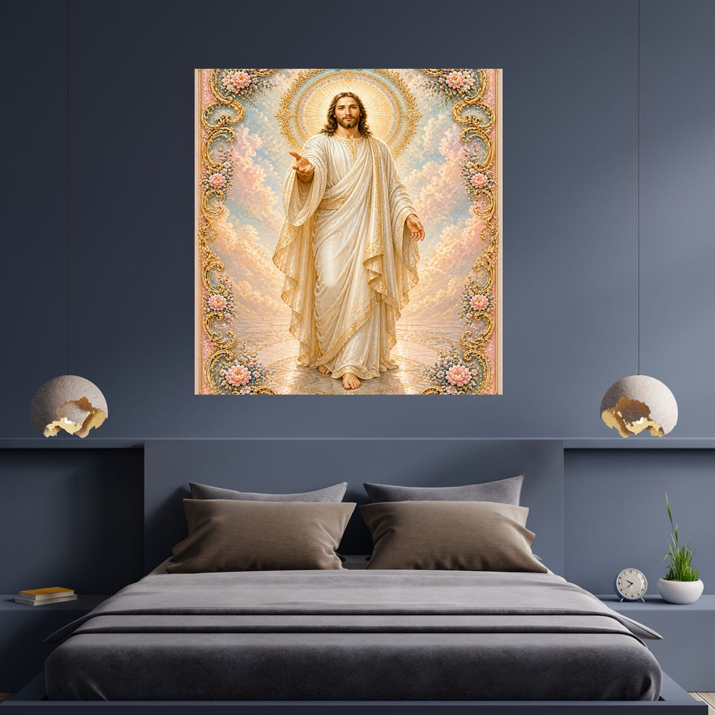 Jesus Walking Toward You Wall Art Printable | Full Body Approaching Portrait Baroque Gold Floral Frame Peach Cloud Sky Reflective Floor | Christian Faith Come Follow Me Decor