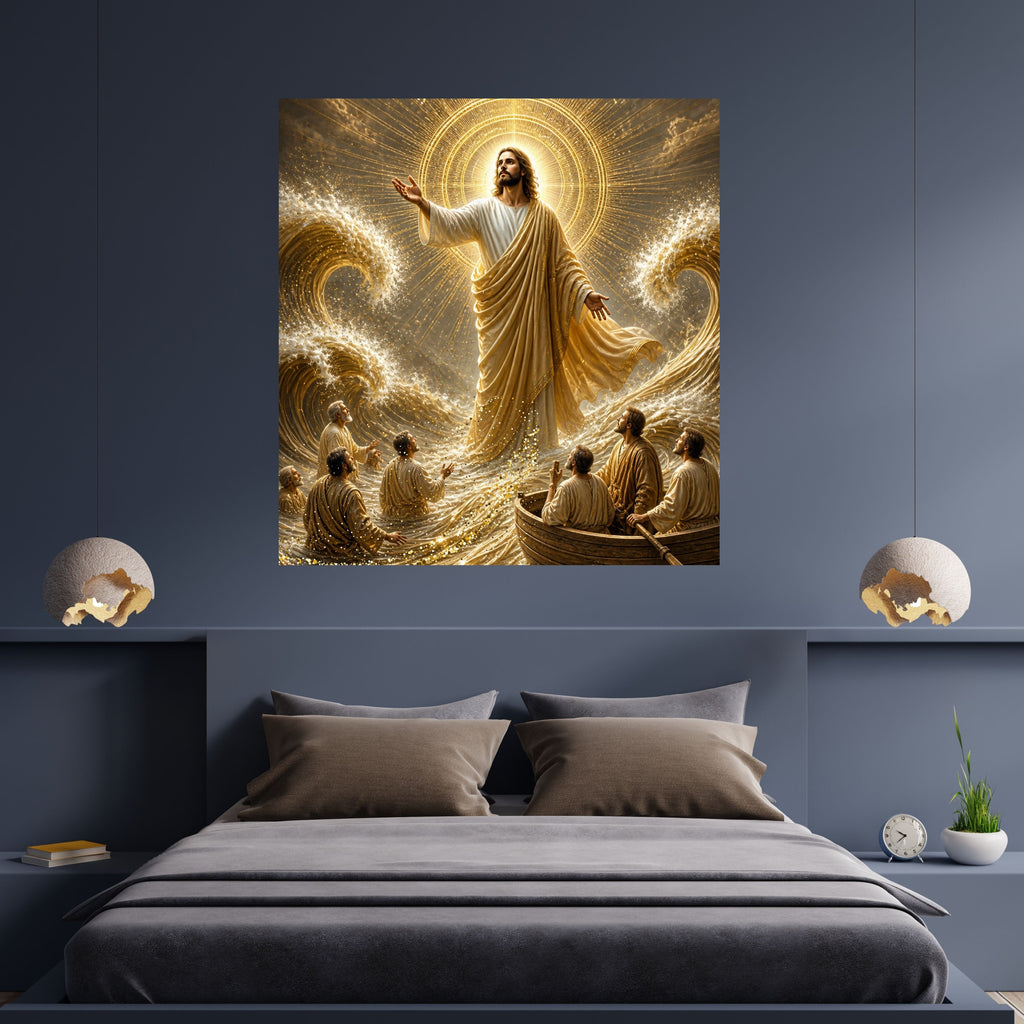 Jesus Calms the Storm Wall Art Printable | Peace Be Still Disciples Boat Sea of Galilee Gold Sunburst Halo Print | Christian Storm Miracle Faith Decor Gift