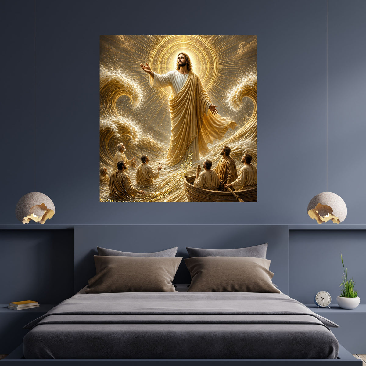 Jesus Calms the Storm Wall Art Printable | Peace Be Still Disciples Boat Sea of Galilee Gold Sunburst Halo Print | Christian Storm Miracle Faith Decor Gift