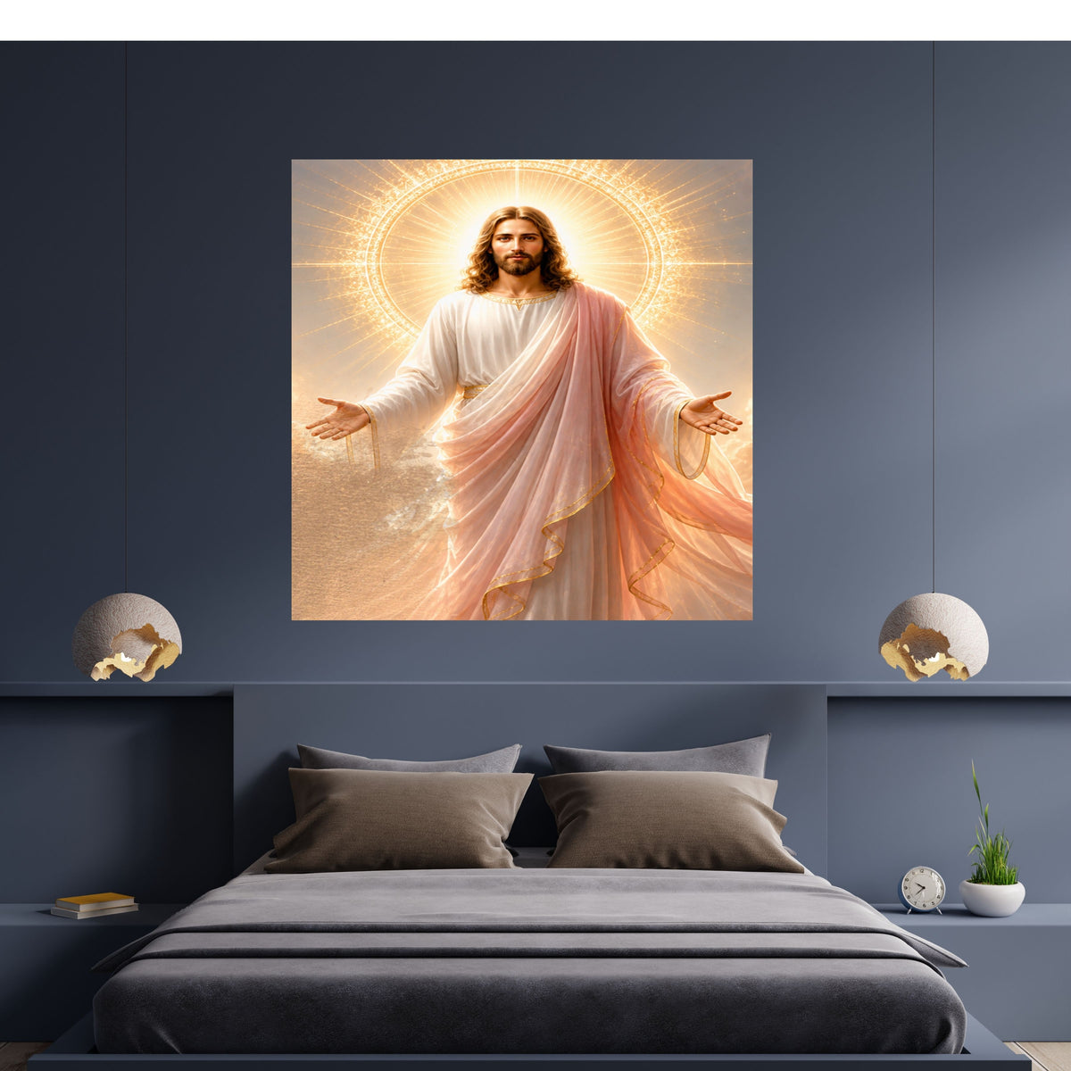 Jesus Light of the World Wall Art Printable | Smiling Direct Gaze Sunburst Cross Halo Print | Peach Mantle Gold Trim Divine Mercy Sacred Heart Decor