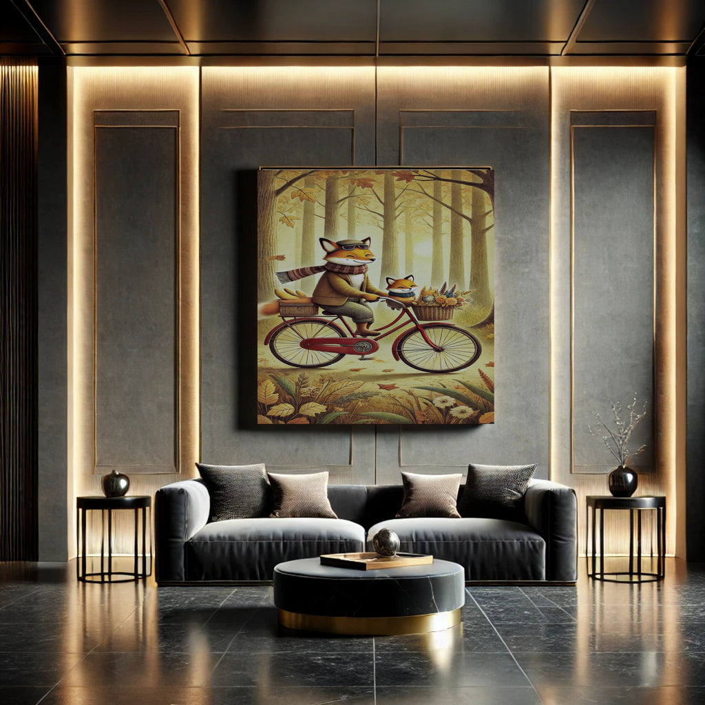 Fox Father and Kit Autumn Forest Bicycle Ride Wall Art Bundle, Commercial Use Dapper Fox Flat Cap Scarf Vintage Red Bike Golden Woodland Nursery Poster, Cosy Storybook Animal Cycling POD Print, Digital Download, 300 DPI