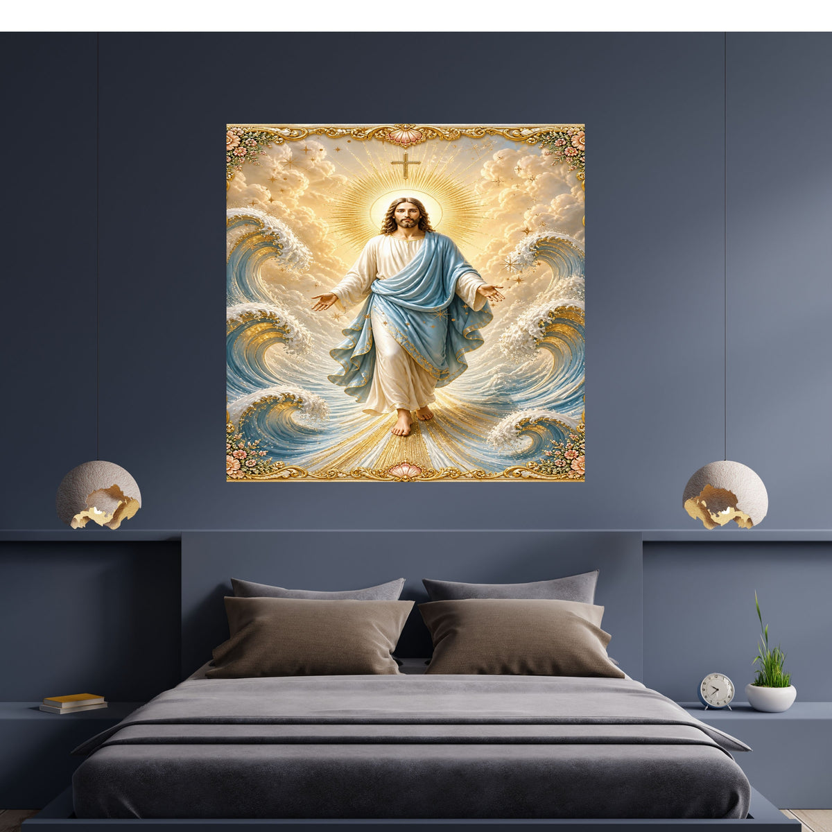 Jesus Lord of the Waves Wall Art Printable | Sky-Blue Mantle Parting Ocean Baroque Gold Border Seashell Frame Print | Sovereign over Storms Christian Coastal Faith Decor