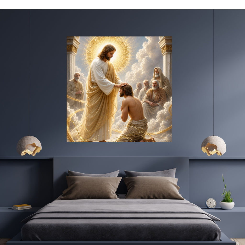 Jesus Blessing Kneeling Man Wall Art Printable | Laying on of Hands Divine Ordination Healing Touch Gold Arch Throne Room Print | Christian Faith Spiritual Gift Decor