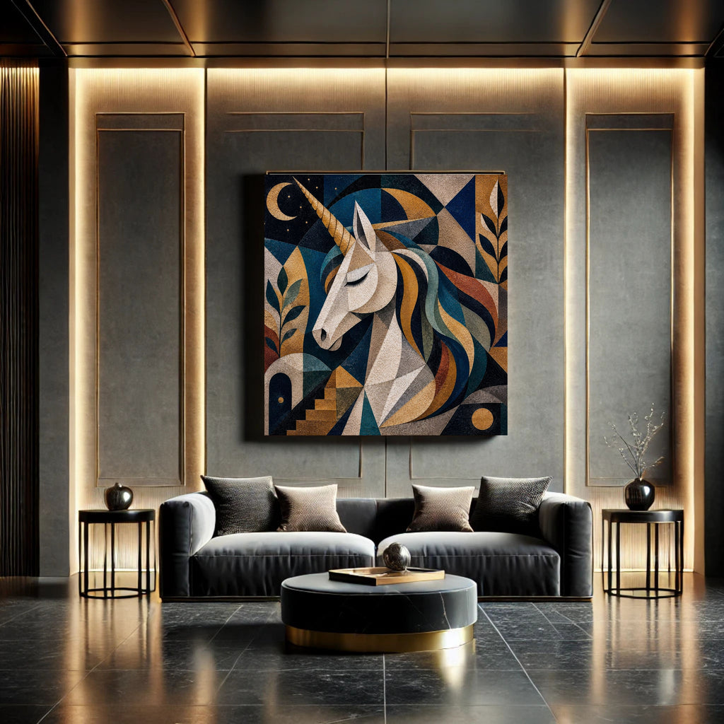 Art Deco Geometric Unicorn Wall Art Bundle, Commercial Use Kids Nursery Poster, Midnight Navy Gold Mosaic Print, POD Ready, Digital Download, 300 DPI