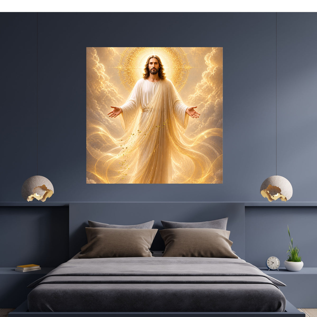 Jesus King of Glory Wall Art Printable | Heavenly Throne Room Ascended Christ Filigree Crown Halo Print | Gold Veil Mantle Blessing Hands Royal Heaven Decor