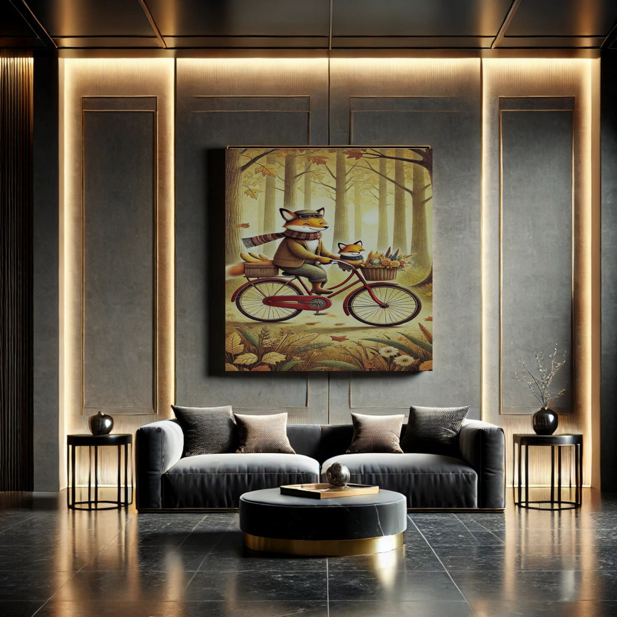 Fox Father and Kit Autumn Forest Bicycle Ride Wall Art Printable, Dapper Fox Flat Cap Scarf Vintage Red Bike Golden Woodland Kids Nursery Poster, Cosy Storybook Animal Cycling Home Decor Print, Digital Download, 300 DPI