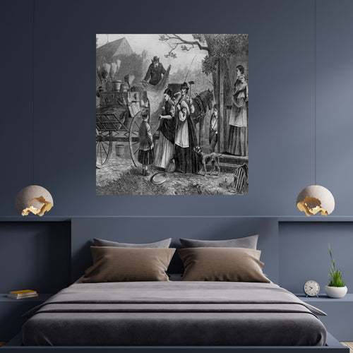 Antique Village Market Wall Art Printable, Historical Street Scene Illustration