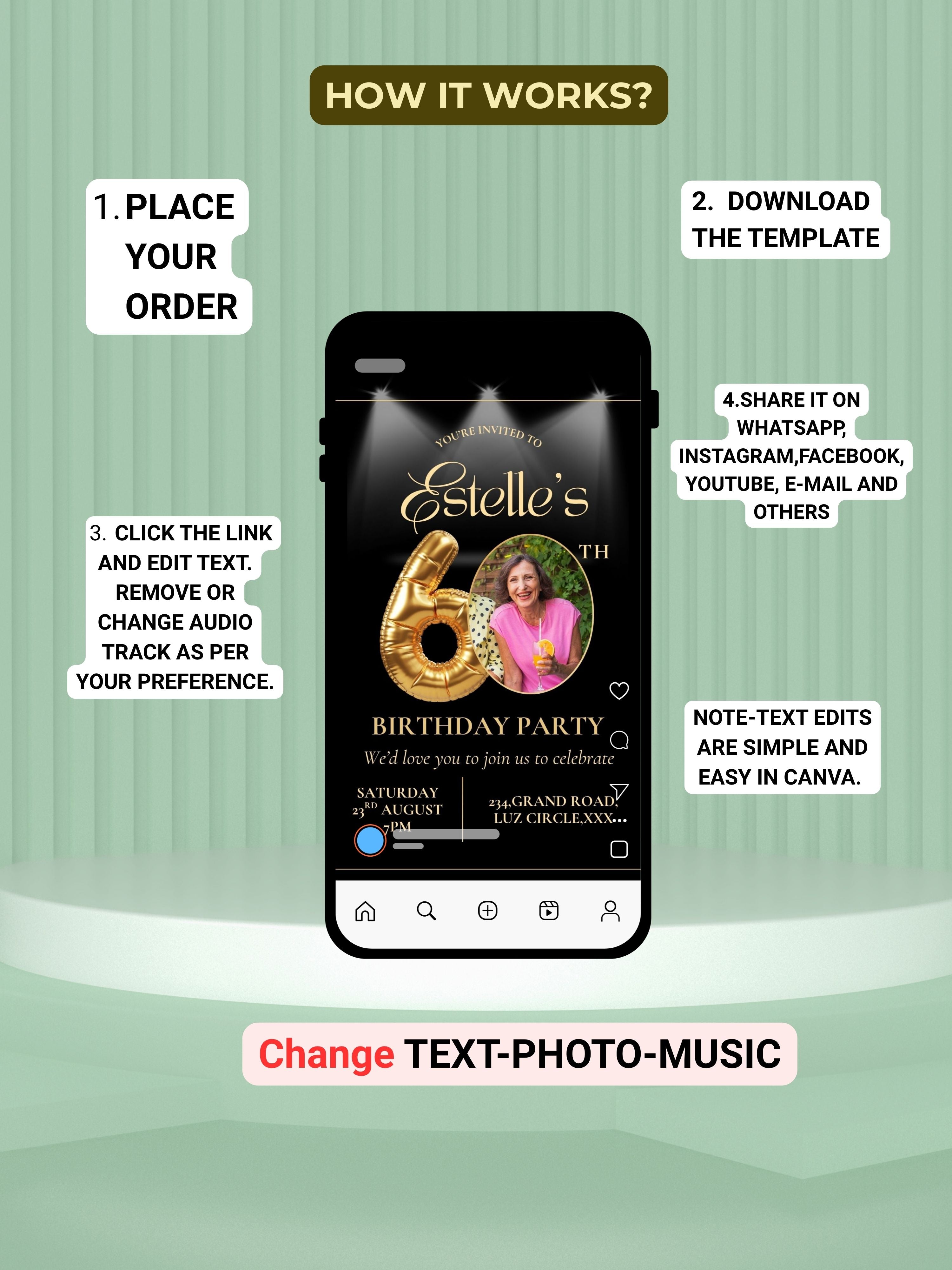 Editable 60TH BIRTHDAY Video Invitation | Canva Pro Template | Milestone Birthday Party Invite | Photo, Music, QR Code | Instant Download|ai12