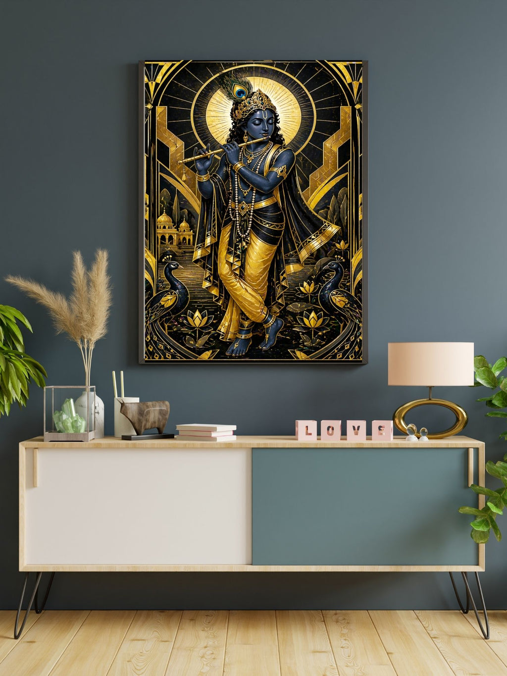 Art Deco Krishna Wall Art Commercial Use Bundle | Black Gold Luxury Geometric Frame Bansuri Peacock Lotus Halo Temple | Hindu Spiritual POD Etsy Resell License