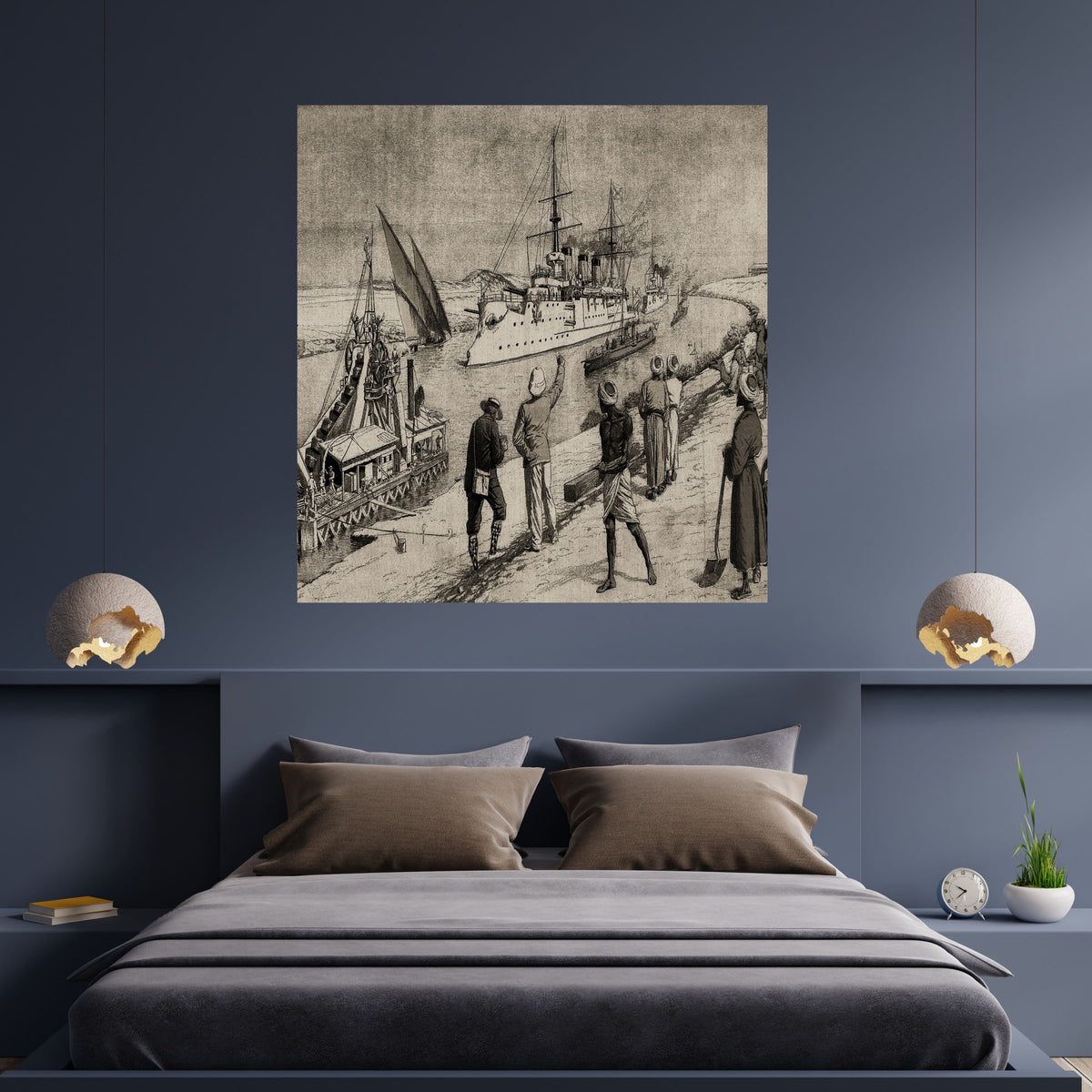 Vintage Coastal Harbor Wall Art for Commercial Use, Steamship and Sailboat Scene for Etsy and POD