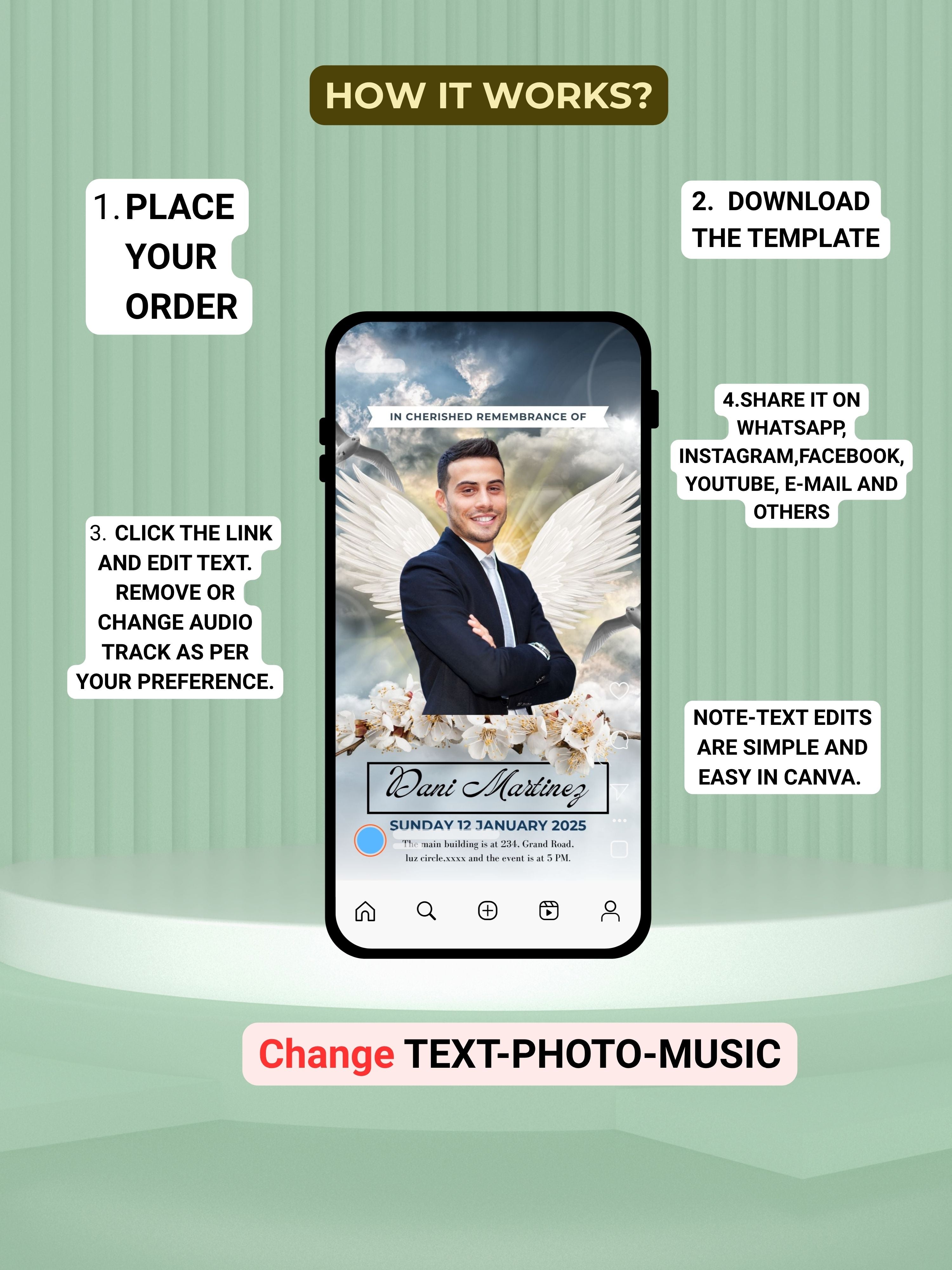 MEMORIAL SERVICE editable Invitation Video Template | Canva Celebration of Life Invite | In Loving Memory | Digital Memorial Announcement | Instant Download|ai8