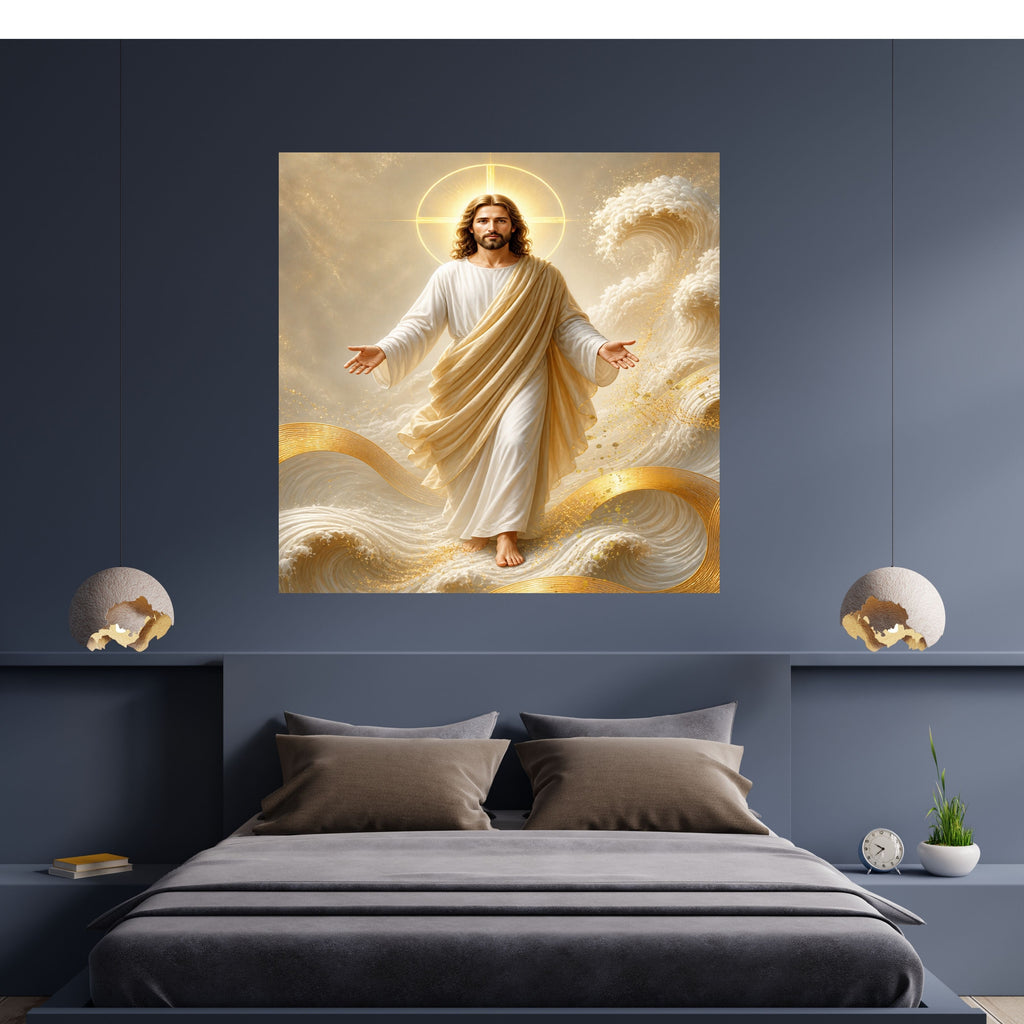 Jesus Walking on Water Wall Art Printable | Lord of the Storm Peace Be Still Cream Gold Waves Print | Circular Cross Halo Ocean Faith Christian Decor