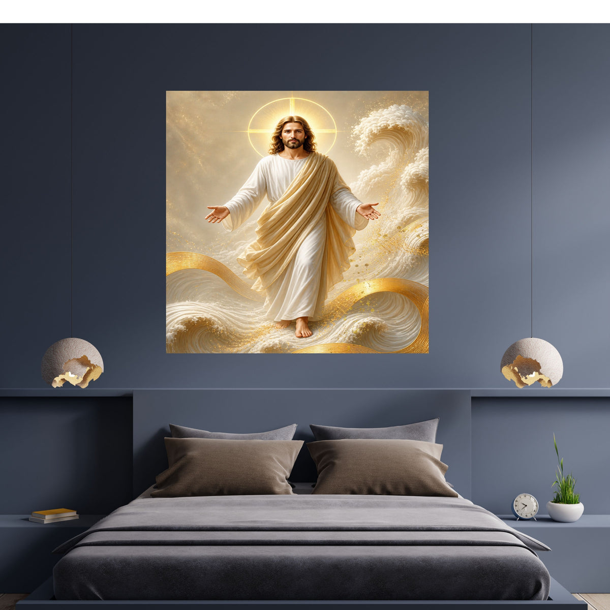 Jesus Walking on Water Wall Art Printable | Lord of the Storm Peace Be Still Cream Gold Waves Print | Circular Cross Halo Ocean Faith Christian Decor