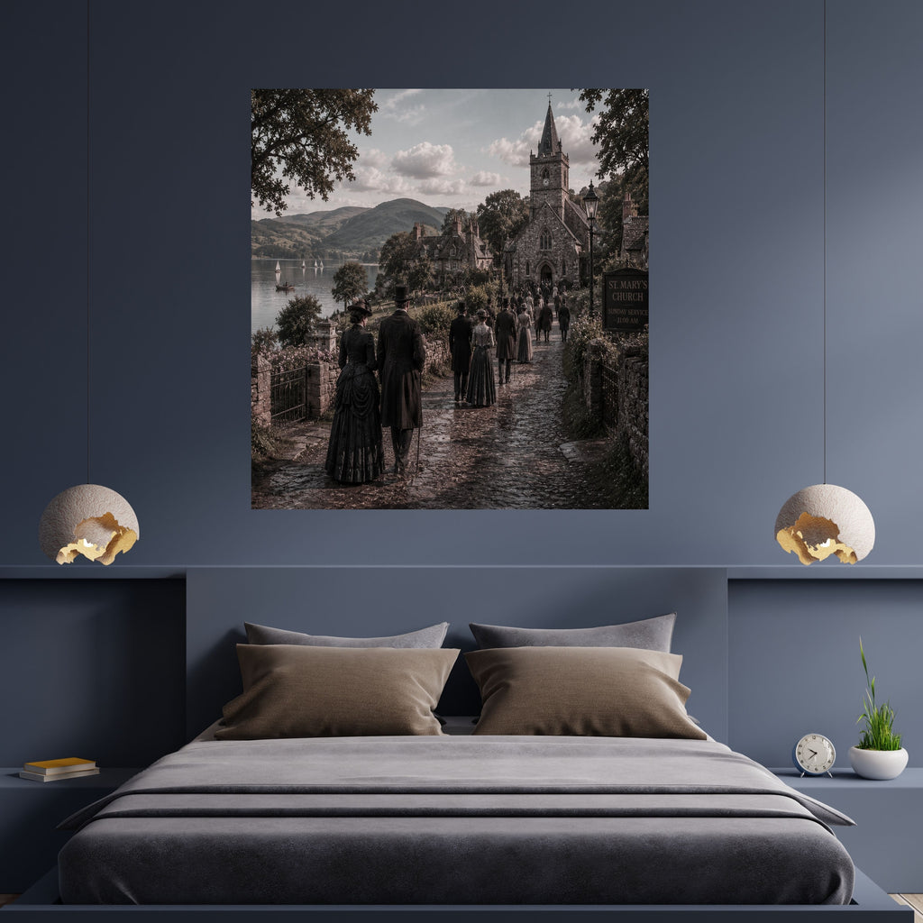 Victorian Lakeside Village Wall Art Printable, Historic Church and Mountain Scene, 11+ Sizes