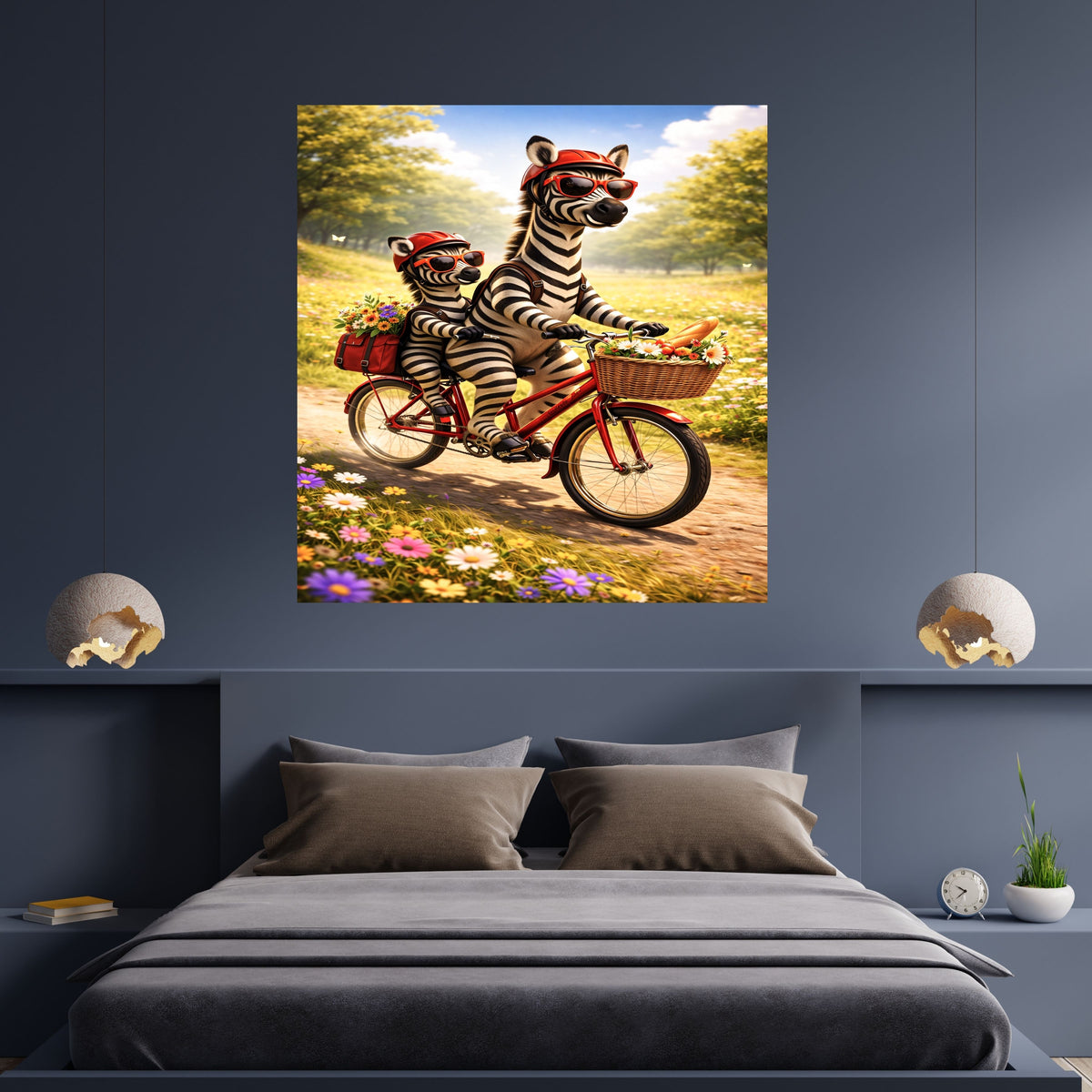 Zebra Mother and Foal Bicycle Adventure Wall Art Printable, Cute Zebra Red Helmet Sunglasses Wildflower Meadow Bike Ride Kids Nursery Poster, Safari Animal Cycling Home Decor Print, Digital Download, 300 DPI