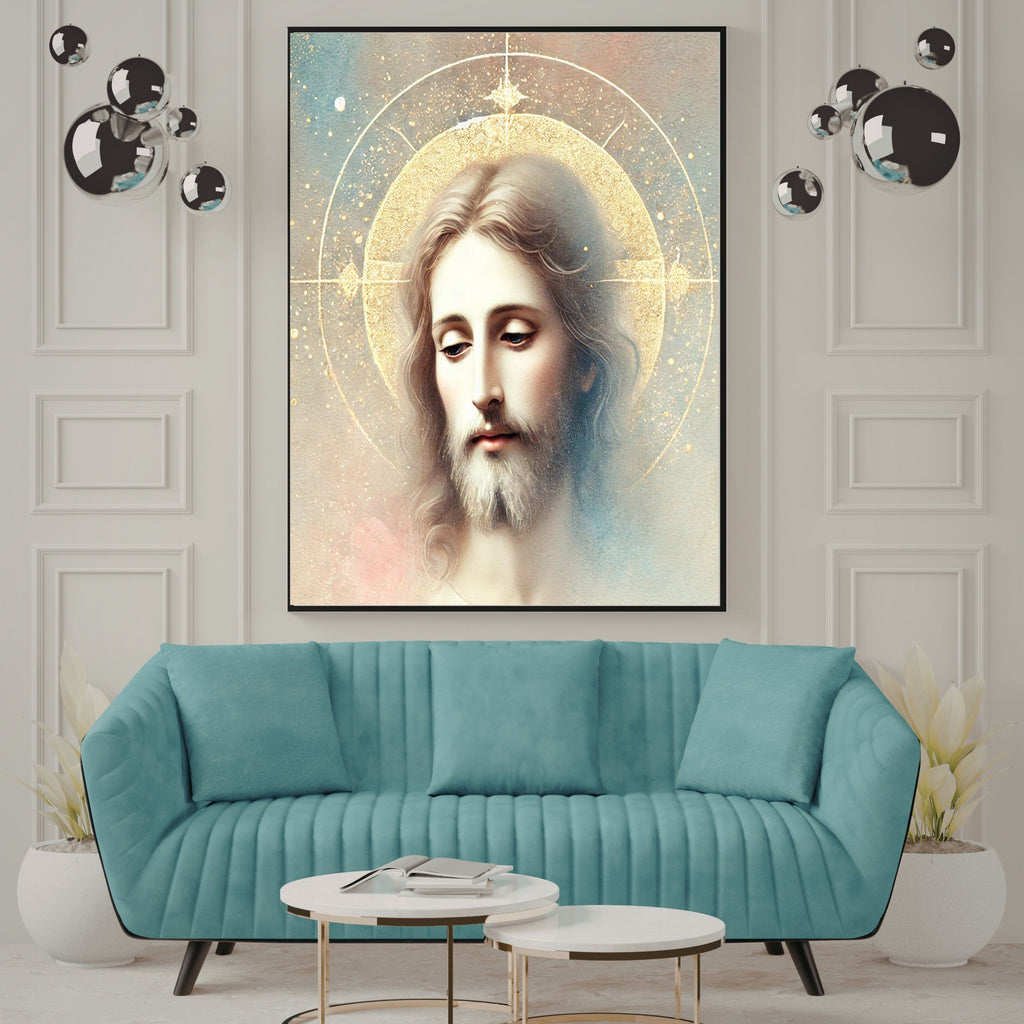 Jesus Face Portrait Wall Art Printable | Close Up Contemplative Jesus Pastel Watercolour Gold Oval Halo Four-Point Star | Christian Peaceful Face Devotional Decor Gift
