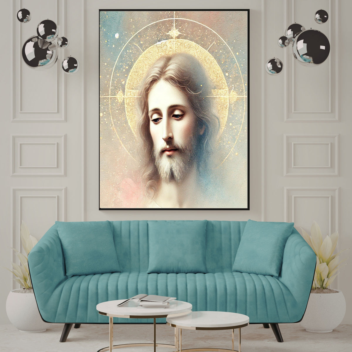 Jesus Face Portrait Wall Art Printable | Close Up Contemplative Jesus Pastel Watercolour Gold Oval Halo Four-Point Star | Christian Peaceful Face Devotional Decor Gift