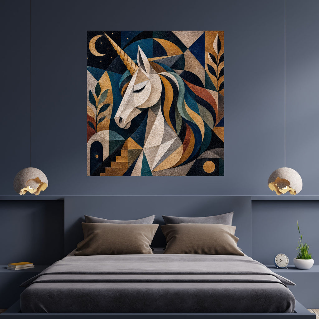 Art Deco Geometric Unicorn Wall Art Bundle, Commercial Use Kids Nursery Poster, Midnight Navy Gold Mosaic Print, POD Ready, Digital Download, 300 DPI