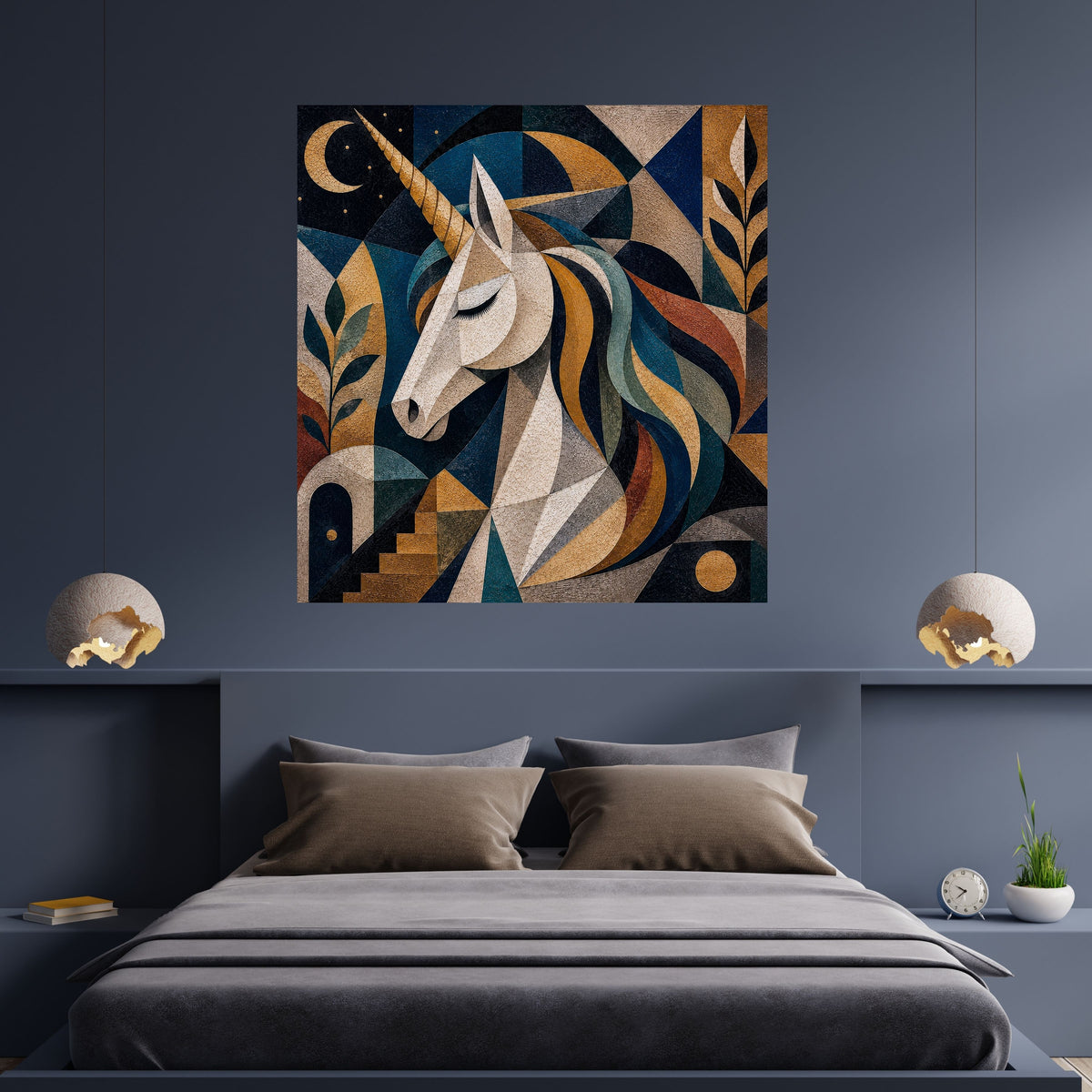 Art Deco Geometric Unicorn Wall Art Bundle, Commercial Use Kids Nursery Poster, Midnight Navy Gold Mosaic Print, POD Ready, Digital Download, 300 DPI