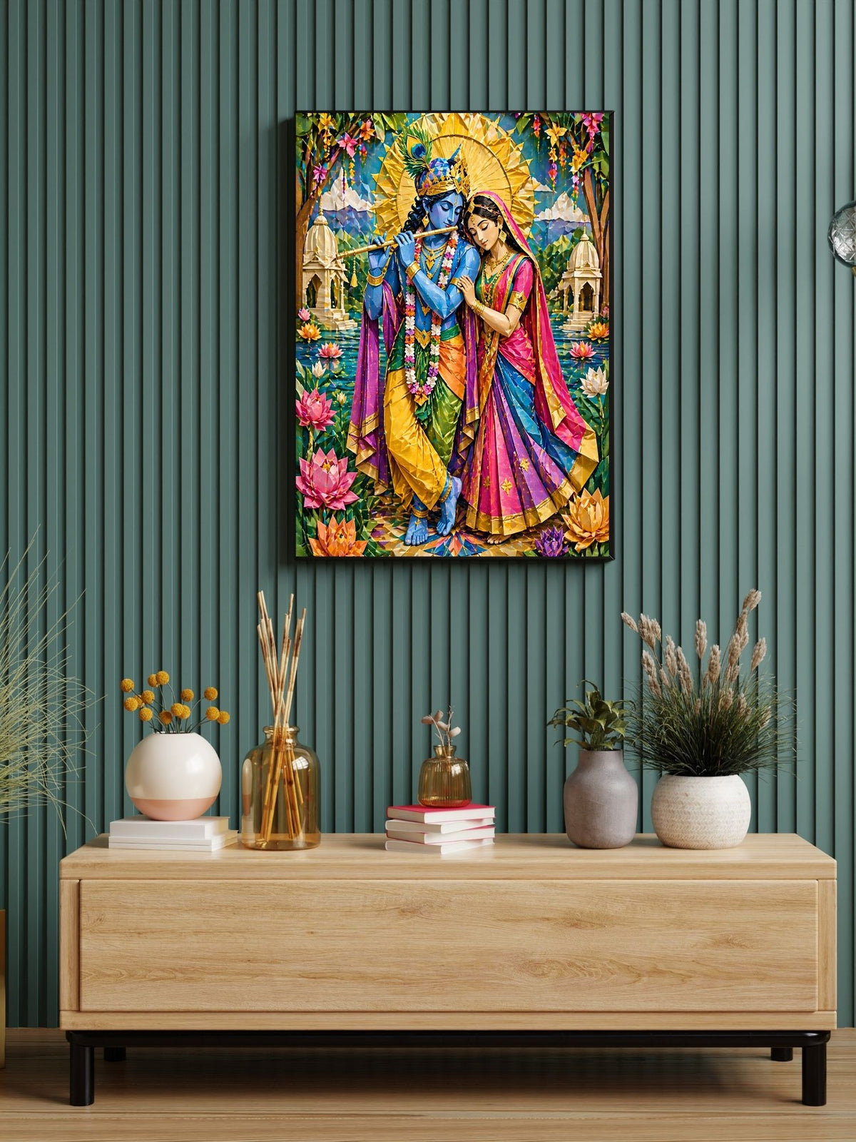 Paper Craft Radha Krishna Wall Art Printable | Colourful Quilling Folk Art Couple Bansuri Lotus Temple Sunburst Halo | Vibrant Hindu Love Spiritual Decor Gift