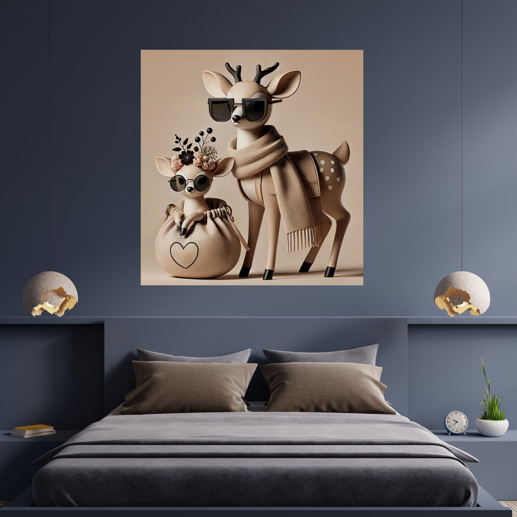 Fashionable Deer Mother and Fawn Wall Art Printable, Cute Deer with Sunglasses Floral Crown Scarf Nursery Poster, Beige Boho Baby Shower Home Decor Print, Digital Download, 300 DPI