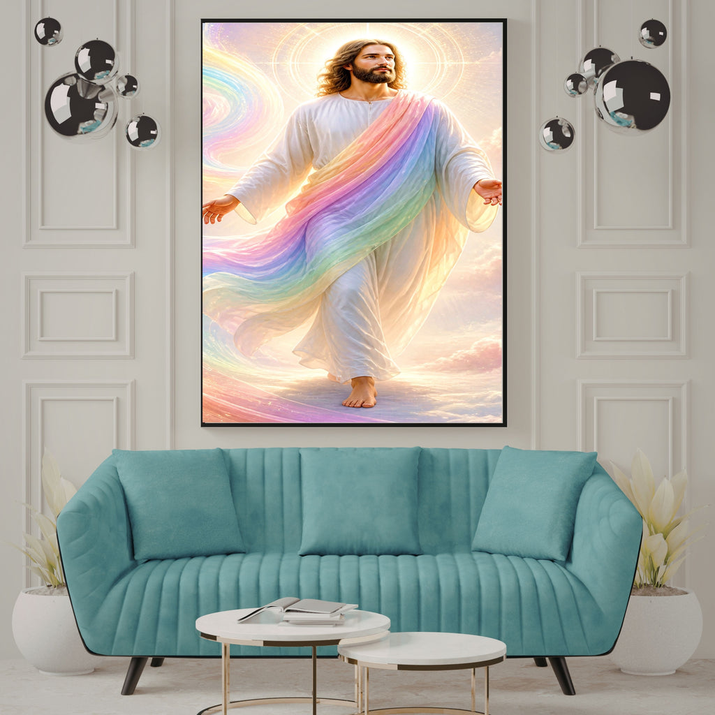 Jesus Rainbow Covenant Wall Art Printable | Iridescent Rainbow Mantle Pastel Cloud Upward Gaze Print | Hope Promise Dreamy Nursery Christian Decor