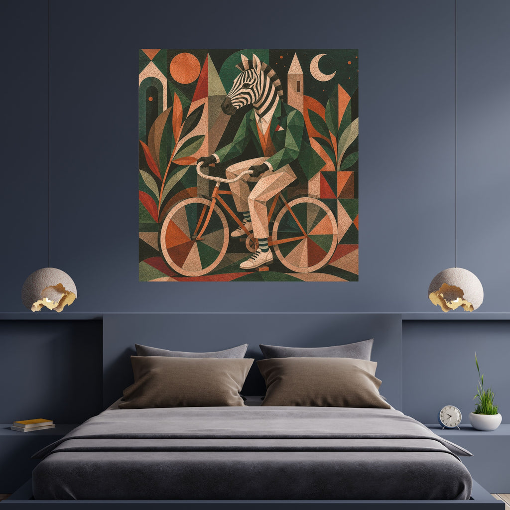 Art Deco Zebra Cyclist Wall Art Printable, Whimsical Anthropomorphic Zebra in Green Suit on Bicycle Poster, Quirky Animal Home Decor Print, Digital Download, 300 DPI