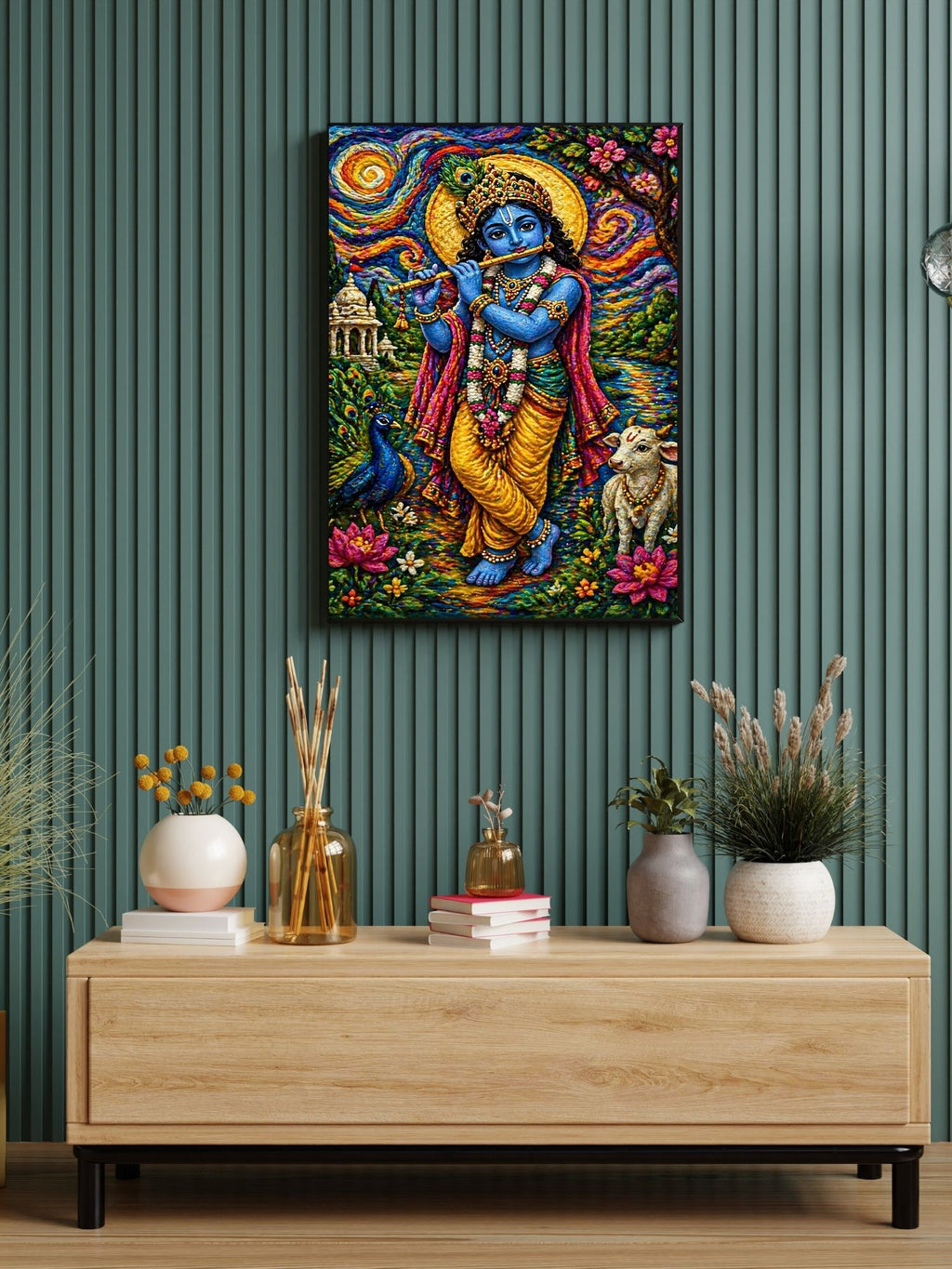 Lord Krishna Wall Art Printable | Embossed Textile Wool Felt 3D Texture Bansuri Flute Peacock Calf Starry Night Swirling Sky Garden Temple | Hindu Folk Art Spiritual Decor Gift