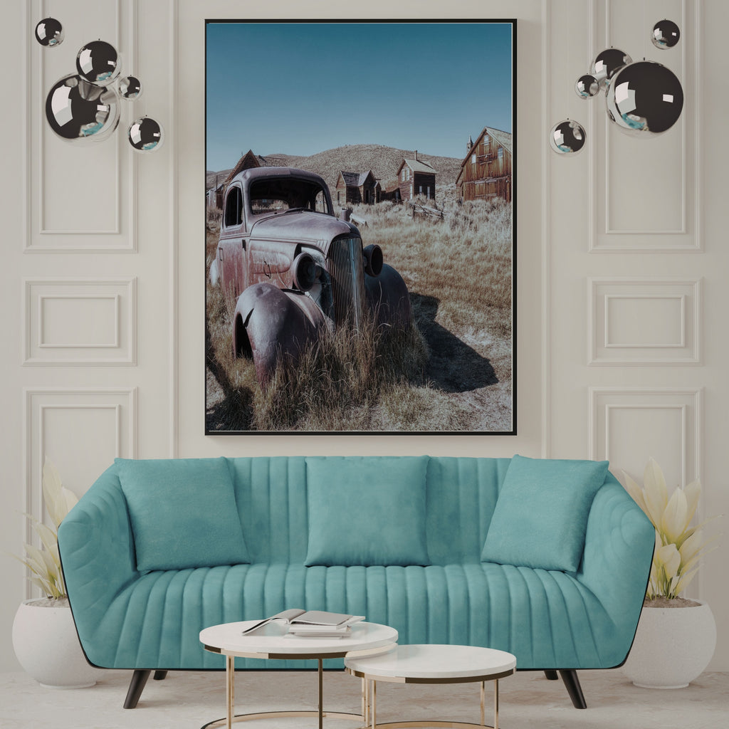Vintage Pickup Truck Wall Art Printable, Old Western Mountain Town Scene