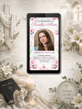 Pink Magnolia Floral Border Funeral Service Video Invitation | Editable Canva Template | In Loving Memory Of | Arched Photo Frame | Instant Download