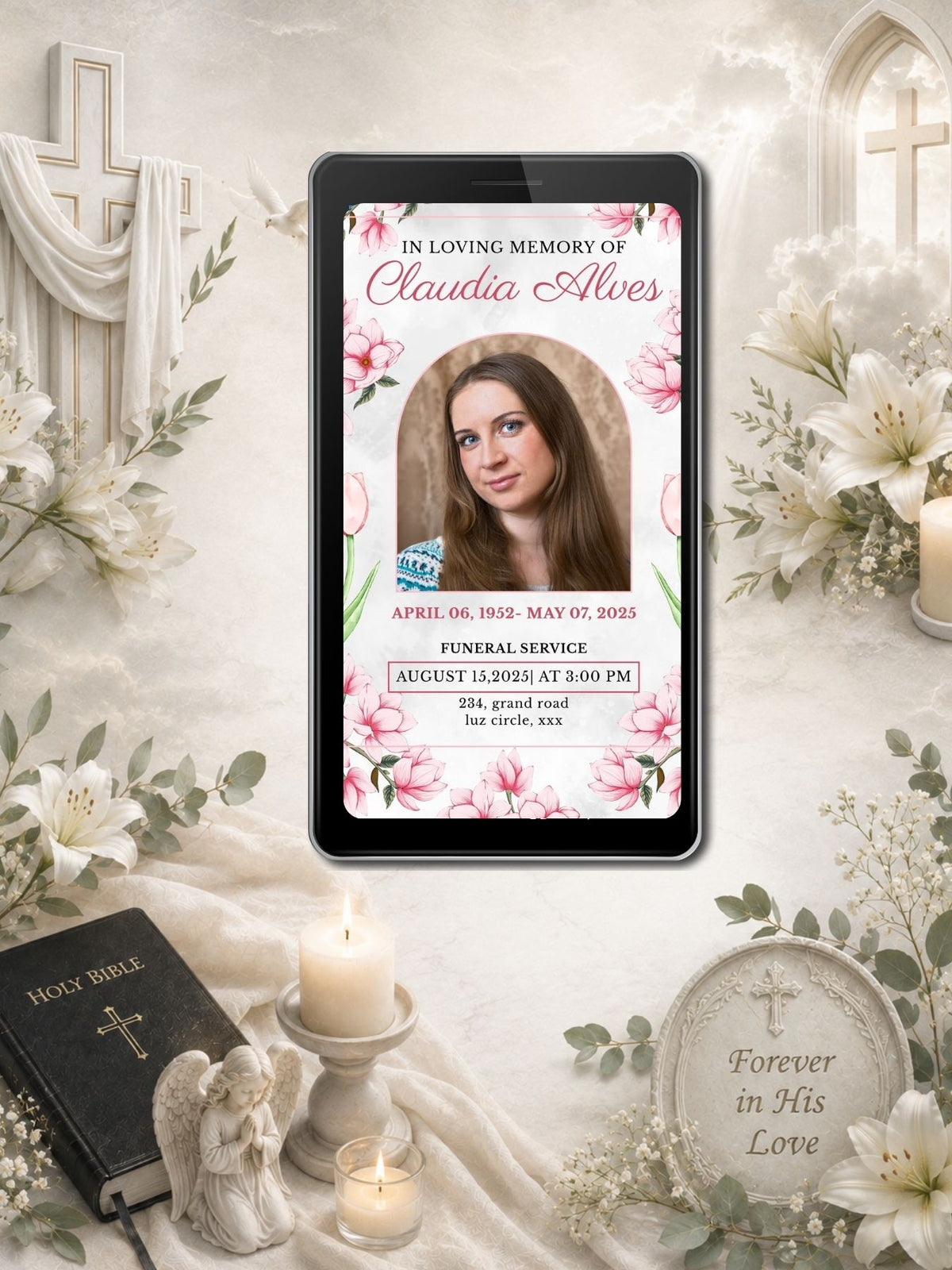 Pink Magnolia Floral Border Funeral Service Video Invitation | Editable Canva Template | In Loving Memory Of | Arched Photo Frame | Instant Download