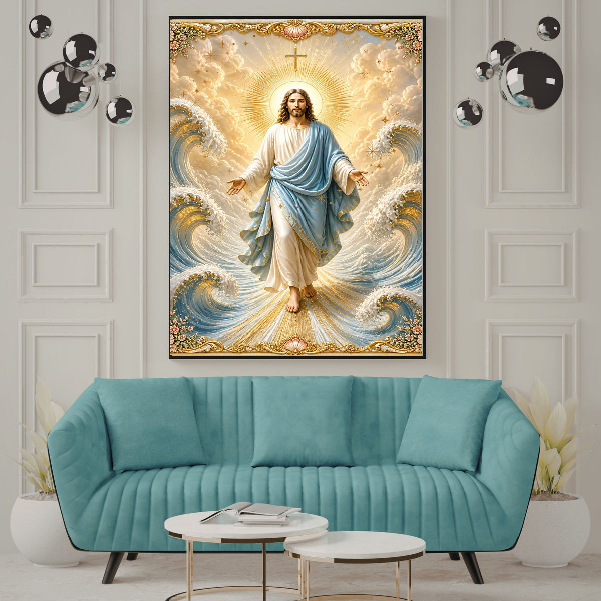 Jesus Lord of the Waves Wall Art Printable | Sky-Blue Mantle Parting Ocean Baroque Gold Border Seashell Frame Print | Sovereign over Storms Christian Coastal Faith Decor