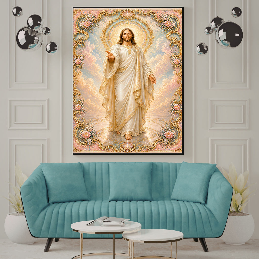 Jesus Walking Toward You Wall Art Printable | Full Body Approaching Portrait Baroque Gold Floral Frame Peach Cloud Sky Reflective Floor | Christian Faith Come Follow Me Decor