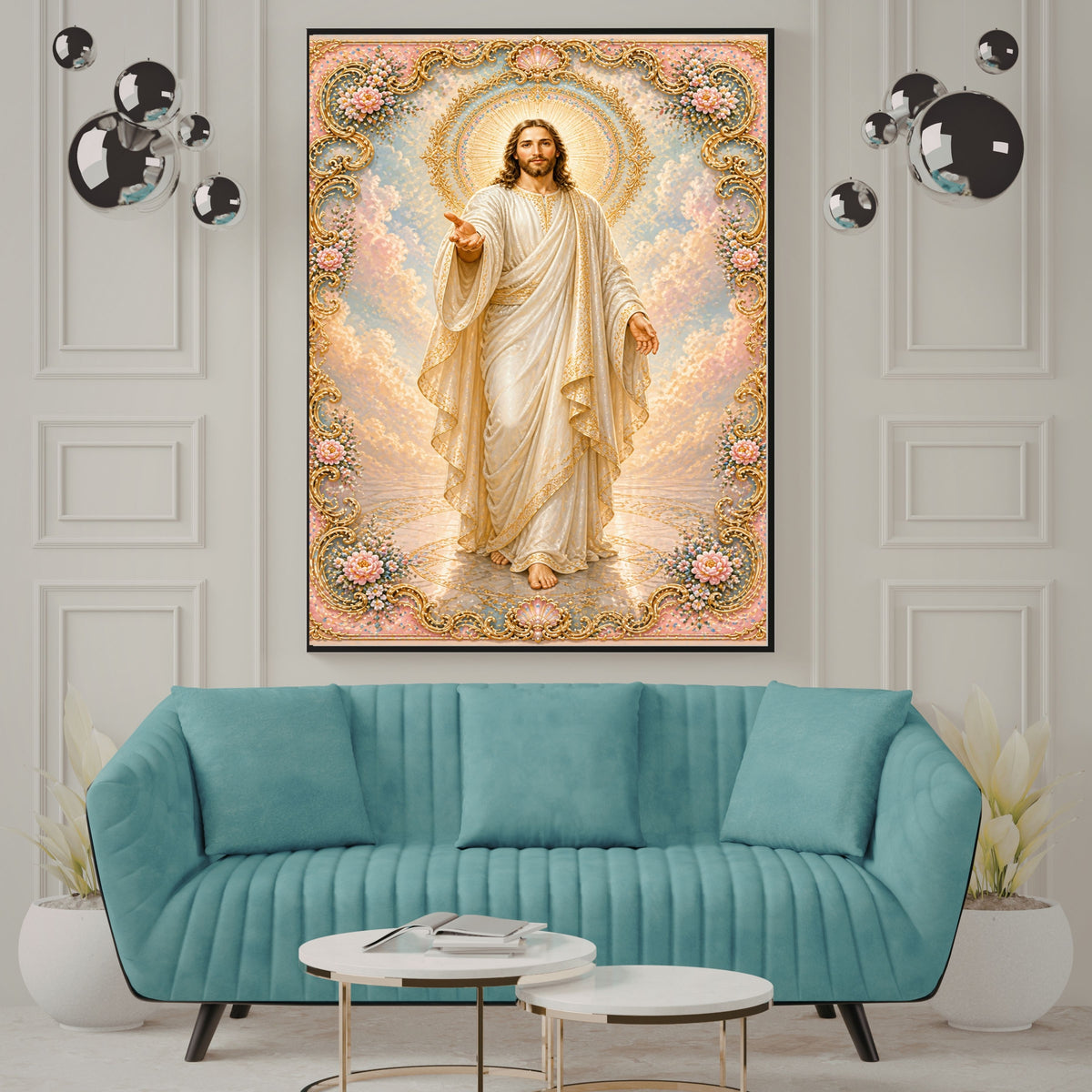 Jesus Walking Toward You Wall Art Printable | Full Body Approaching Portrait Baroque Gold Floral Frame Peach Cloud Sky Reflective Floor | Christian Faith Come Follow Me Decor