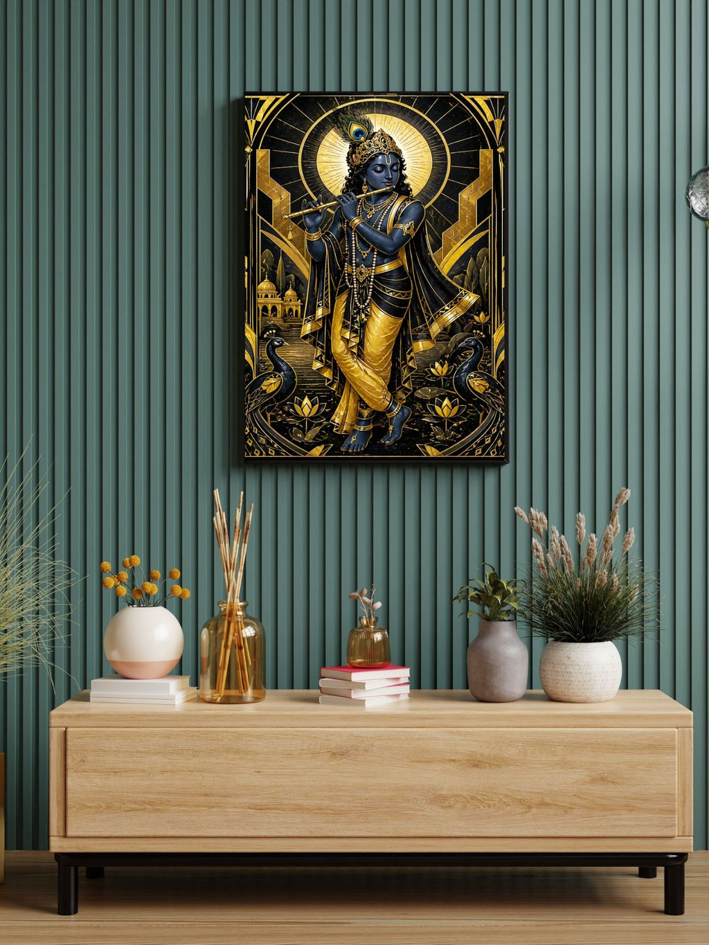Art Deco Krishna Wall Art Commercial Use Bundle | Black Gold Luxury Geometric Frame Bansuri Peacock Lotus Halo Temple | Hindu Spiritual POD Etsy Resell License