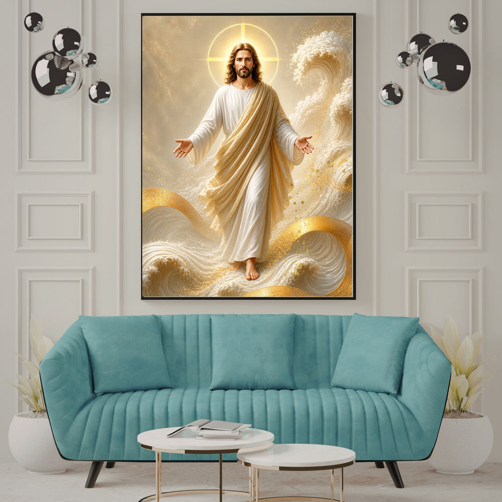 Jesus Walking on Water Wall Art Printable | Lord of the Storm Peace Be Still Cream Gold Waves Print | Circular Cross Halo Ocean Faith Christian Decor