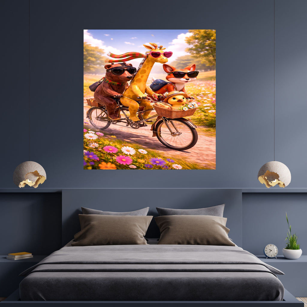 Cute Animals Bicycle Adventure Wall Art Bundle, Commercial Use Bear Giraffe Fox Duck Bike Ride Sunglasses Wildflower Meadow Kids Poster, Fun Animal Cycling POD Print, Digital Download, 300 DPI
