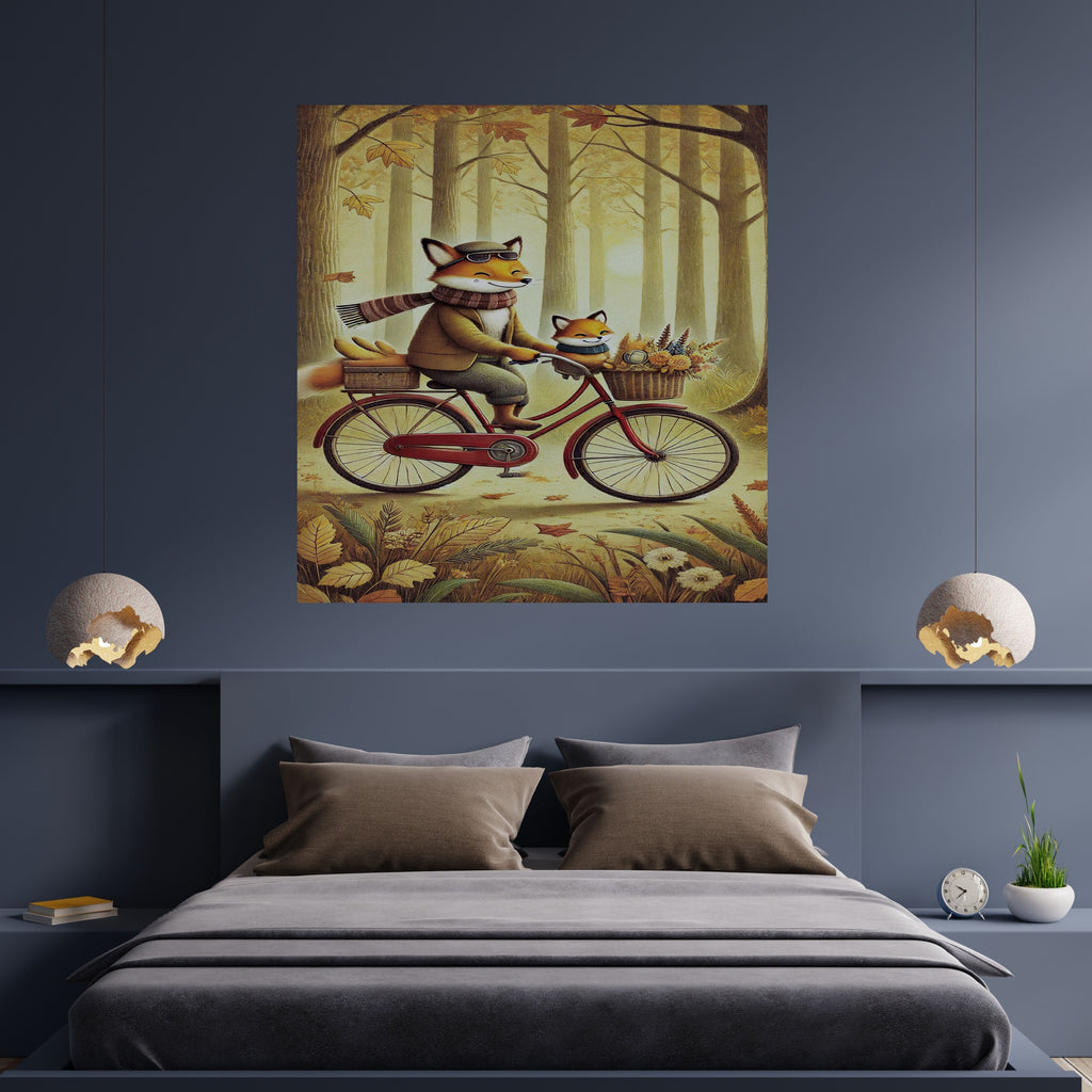 Fox Father and Kit Autumn Forest Bicycle Ride Wall Art Bundle, Commercial Use Dapper Fox Flat Cap Scarf Vintage Red Bike Golden Woodland Nursery Poster, Cosy Storybook Animal Cycling POD Print, Digital Download, 300 DPI