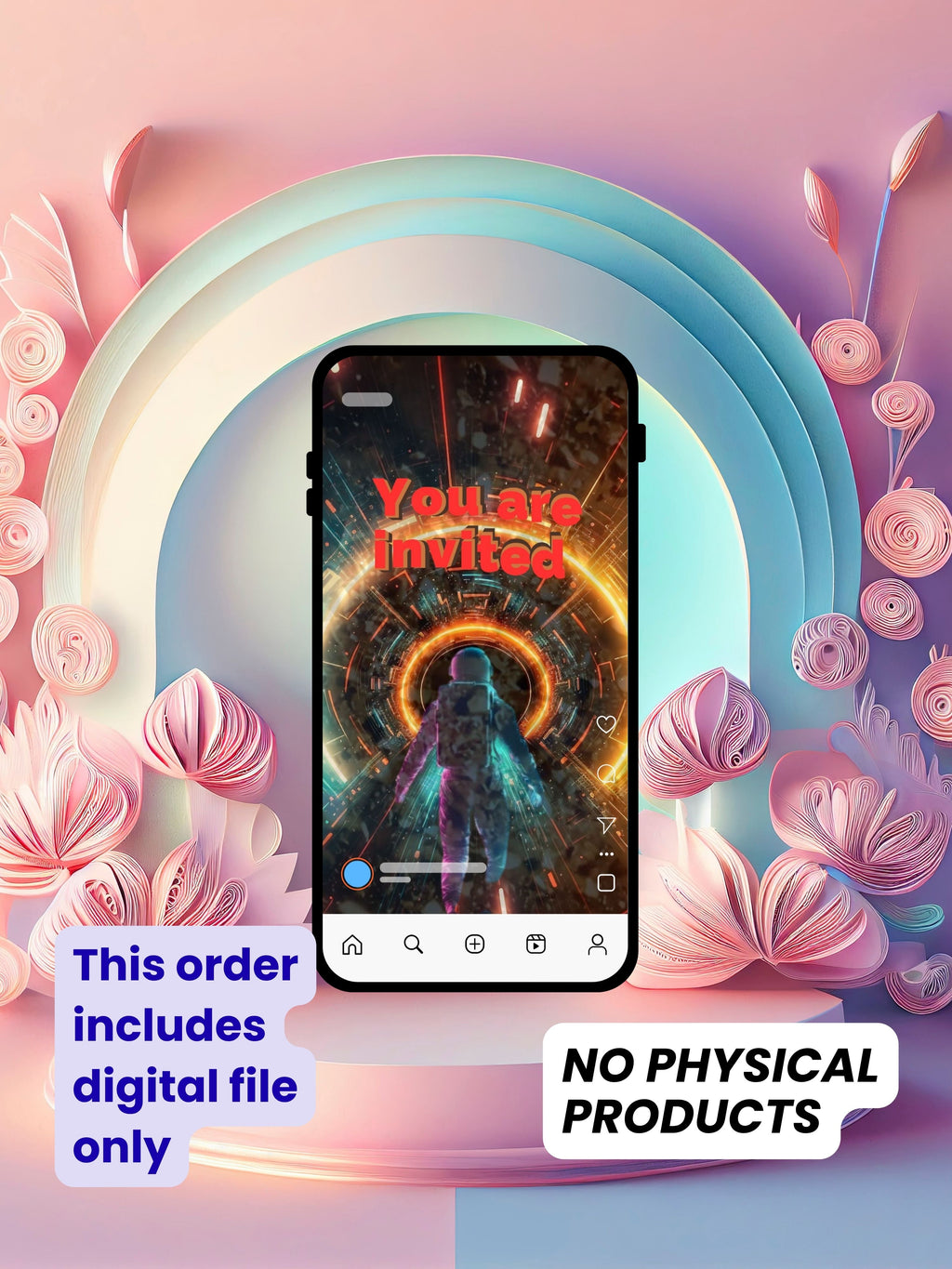Astronaut Space Birthday Video Invitation Canva Commercial Licence | Neon Orange Gold Portal Sci-Fi Galaxy Vortex Purple Number Cartoon Astronaut Moon Surface Blue Purple Star Nebula | Resell Client Use Instant Download