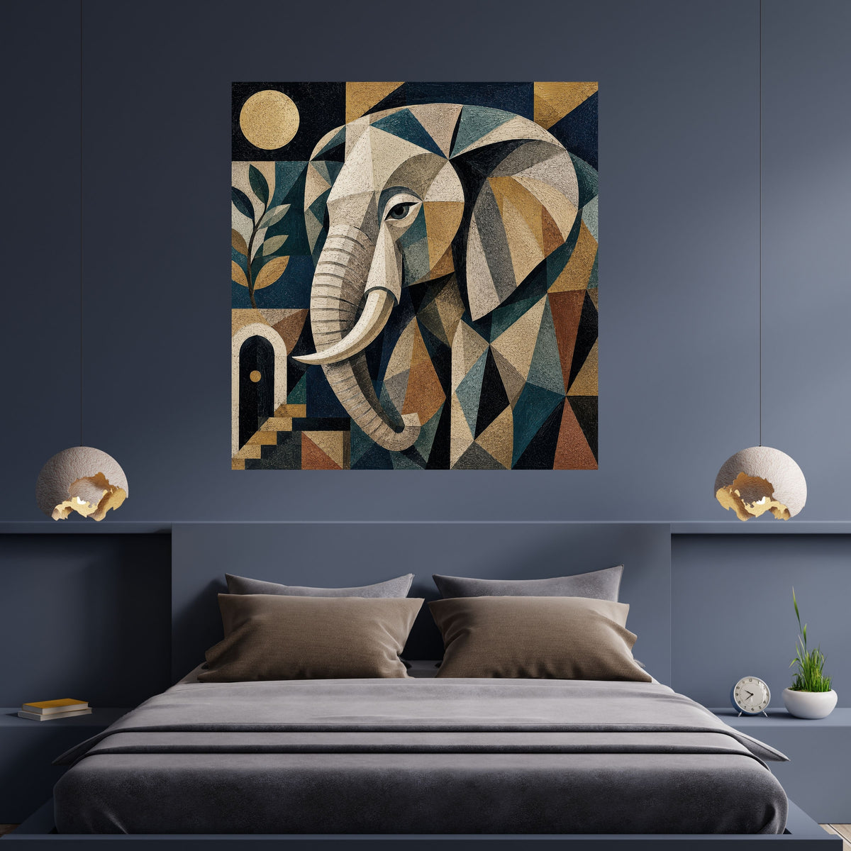 Art Deco Geometric Elephant Wall Art Printable, Ivory Teal Mosaic Elephant Portrait Poster, Luxury African Safari Home Decor Print, Digital Download, 300 DPI