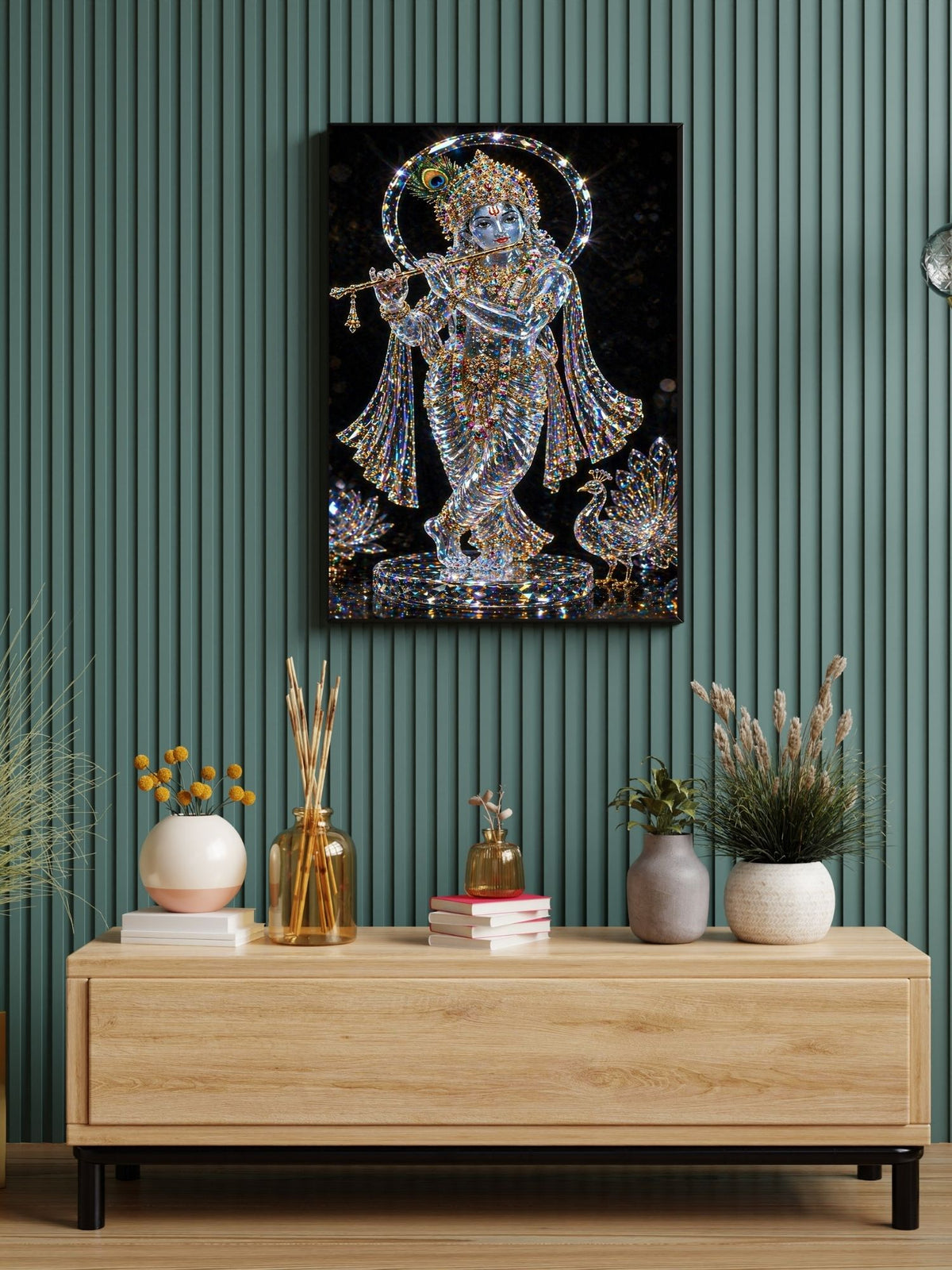 Lord Krishna Crystal Wall Art Printable | Diamond Crystal Sculpture Bansuri Flute Peacock Feather Crown Crystal Halo Crystal Peacock Lotus Black Background Luxury | Hindu Spiritual Decor Gift