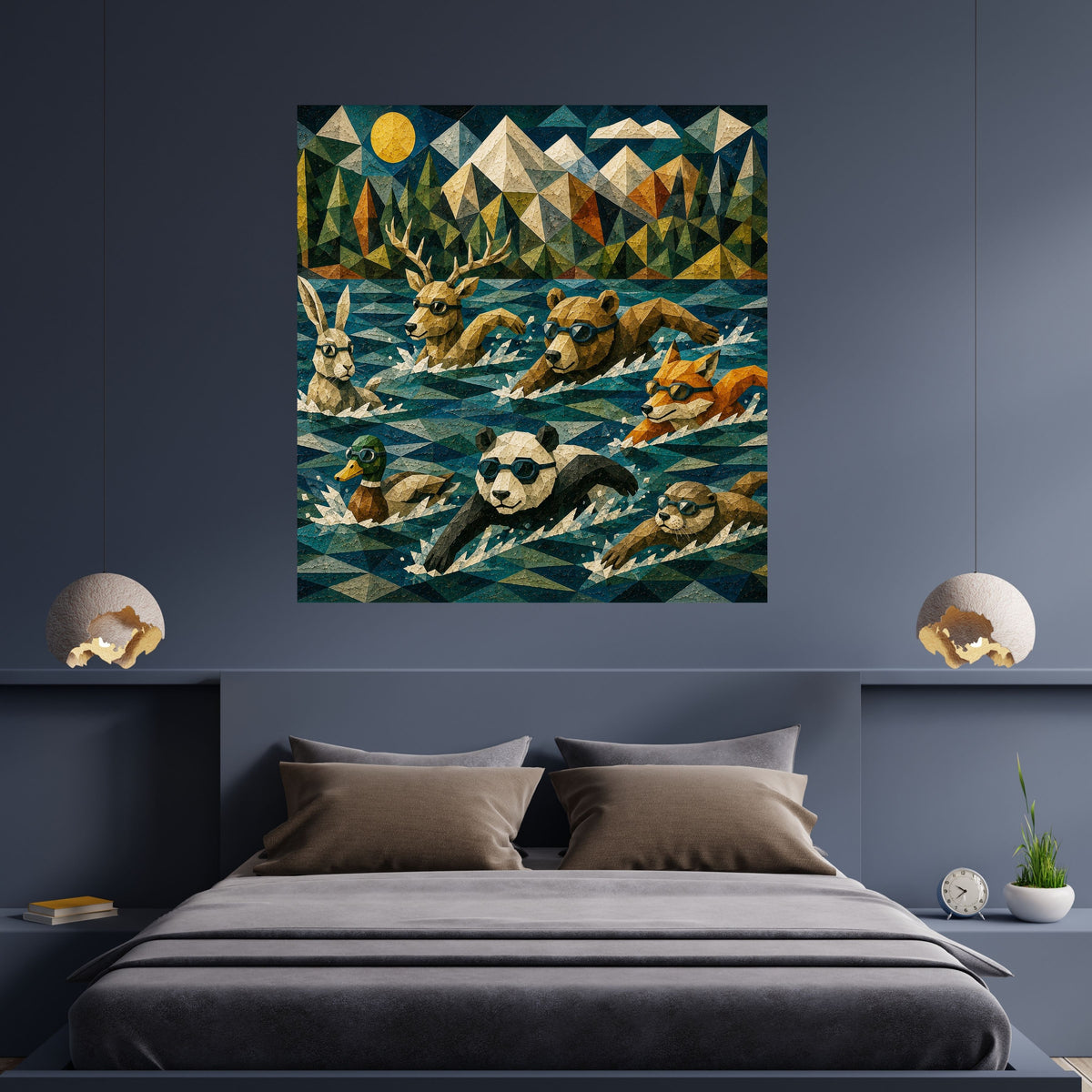 Woodland Animal Swimming Race Wall Art Bundle, Commercial Use Geometric Low-Poly Panda Bear Stag Fox Rabbit Duck Otter Goggle Swim Nursery Poster, Athletic Adventure POD Print, Digital Download, 300 DPI