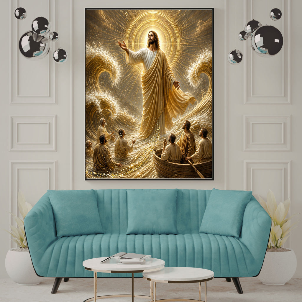 Jesus Calms the Storm Wall Art Printable | Peace Be Still Disciples Boat Sea of Galilee Gold Sunburst Halo Print | Christian Storm Miracle Faith Decor Gift