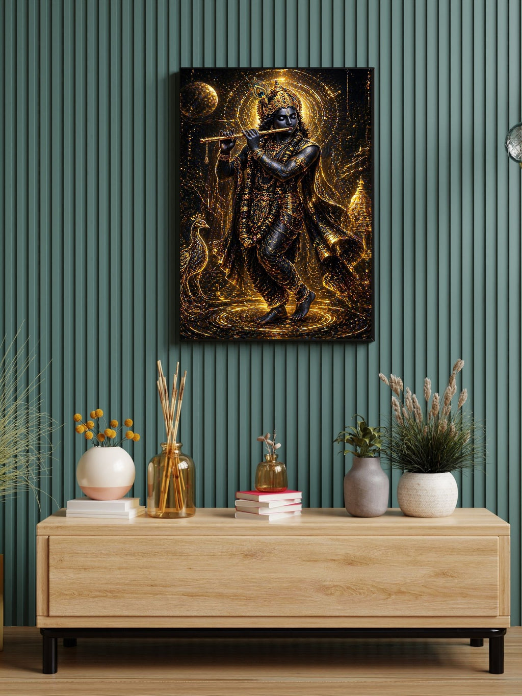 Dark Krishna Wall Art Printable | Black Gold Luxury Glow Bansuri Flute Peacock Halo Temple Moon Night | Hindu Spiritual Decor Modern Dark Aesthetic Devotional Gift