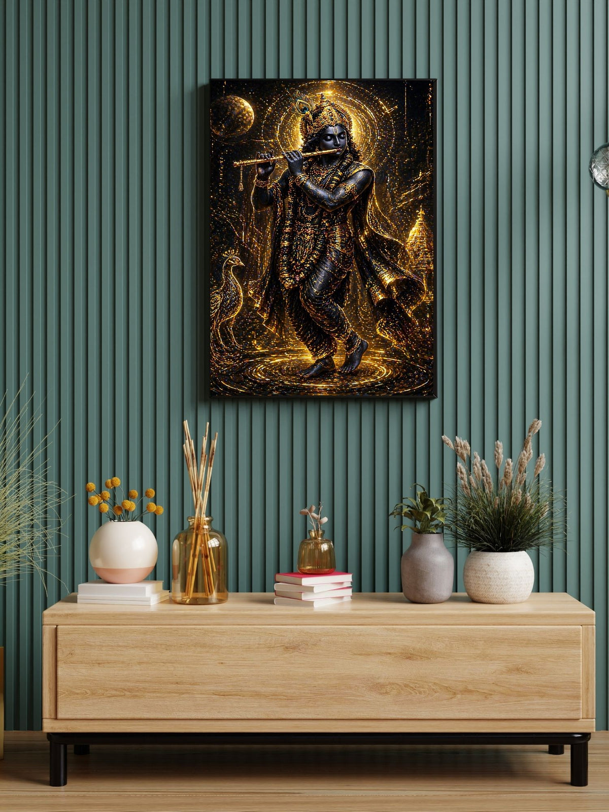 Dark Krishna Wall Art Printable | Black Gold Luxury Glow Bansuri Flute Peacock Halo Temple Moon Night | Hindu Spiritual Decor Modern Dark Aesthetic Devotional Gift