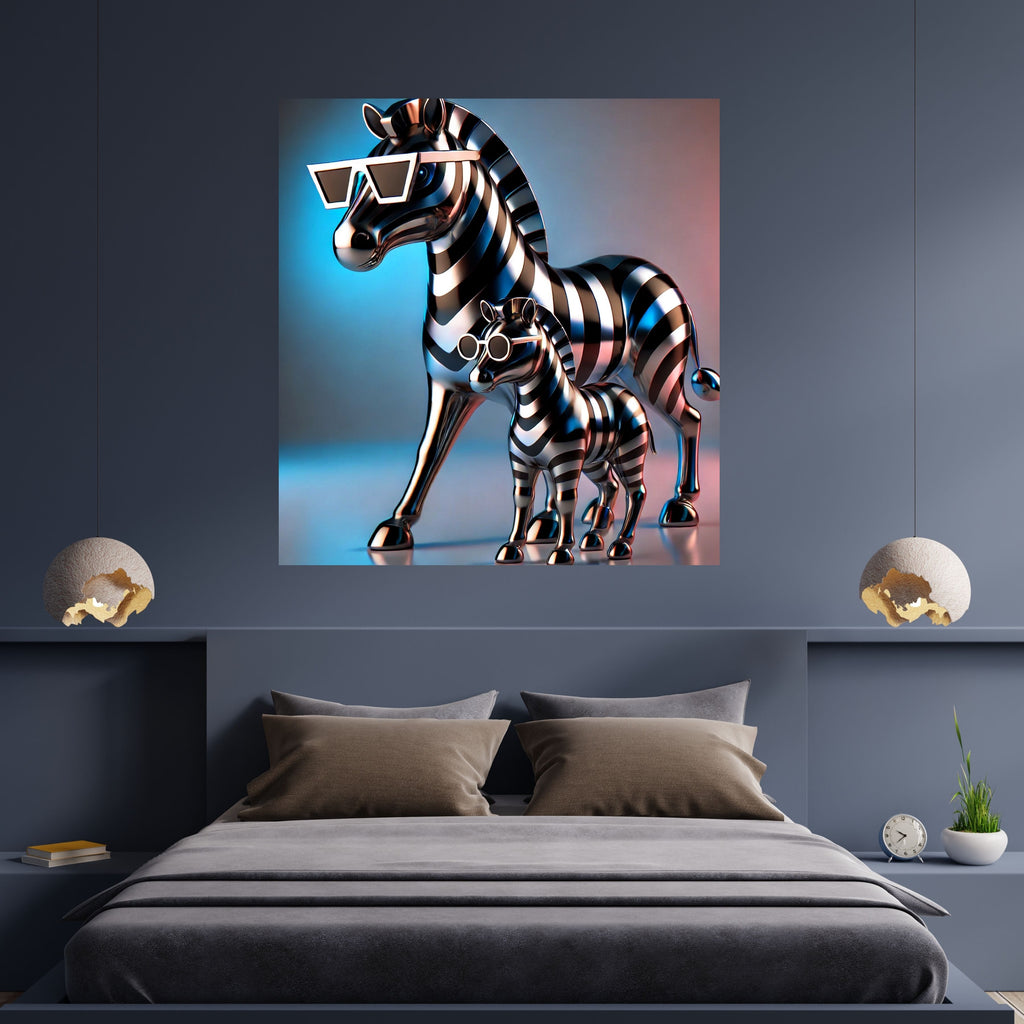 Chrome Metallic Zebra Mother and Foal Wall Art Bundle, Commercial Use Futuristic 3D Zebra Sculpture Sunglasses Neon Studio Glow Modern Luxury Safari Poster, Animal POD Print, Digital Download, 300 DPI