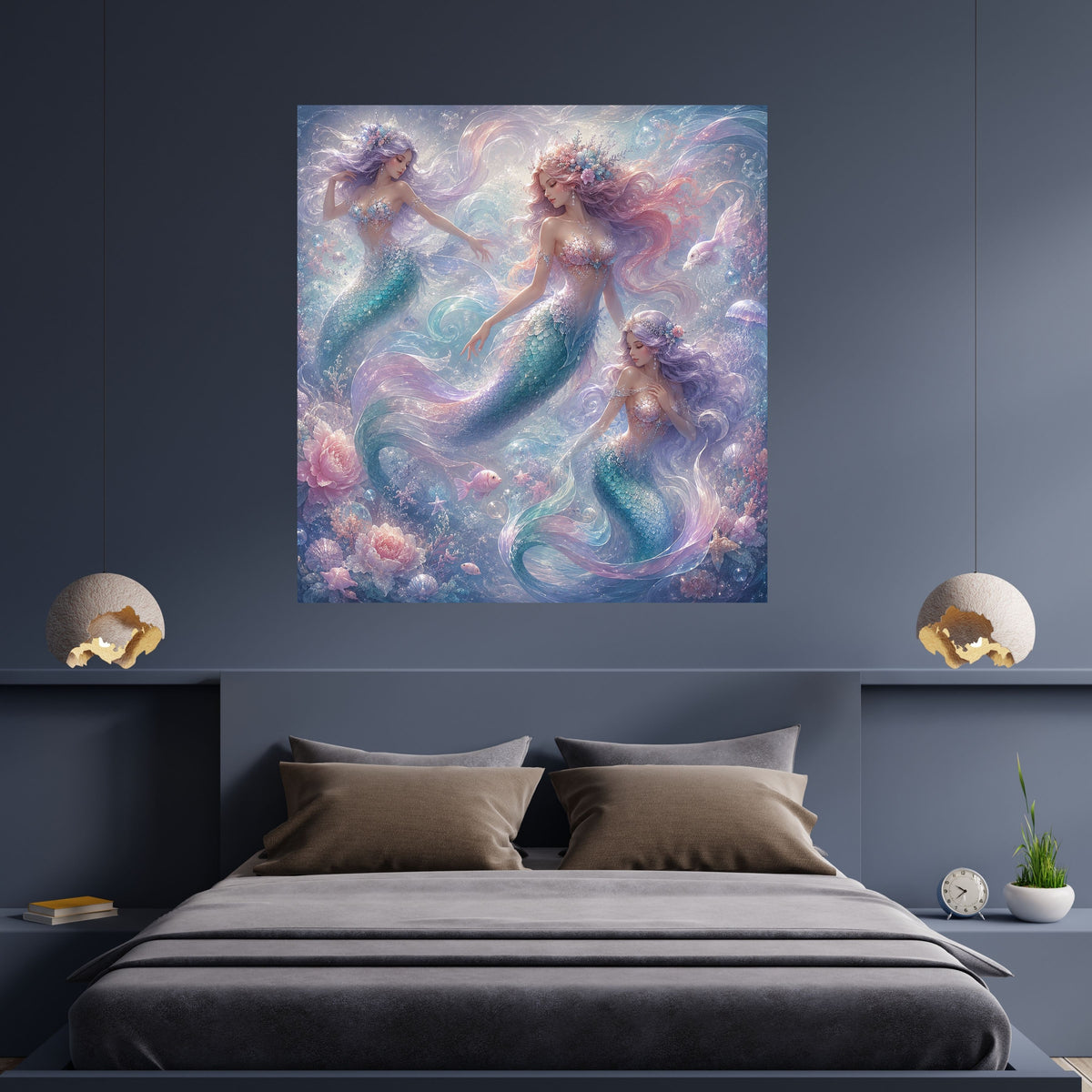 Dreamy Pastel Mermaid Wall Art Printable, Ethereal Mermaid Trio Girls Nursery Poster, Ocean Fantasy Bedroom Print, Instant Digital Download, 300 DPI