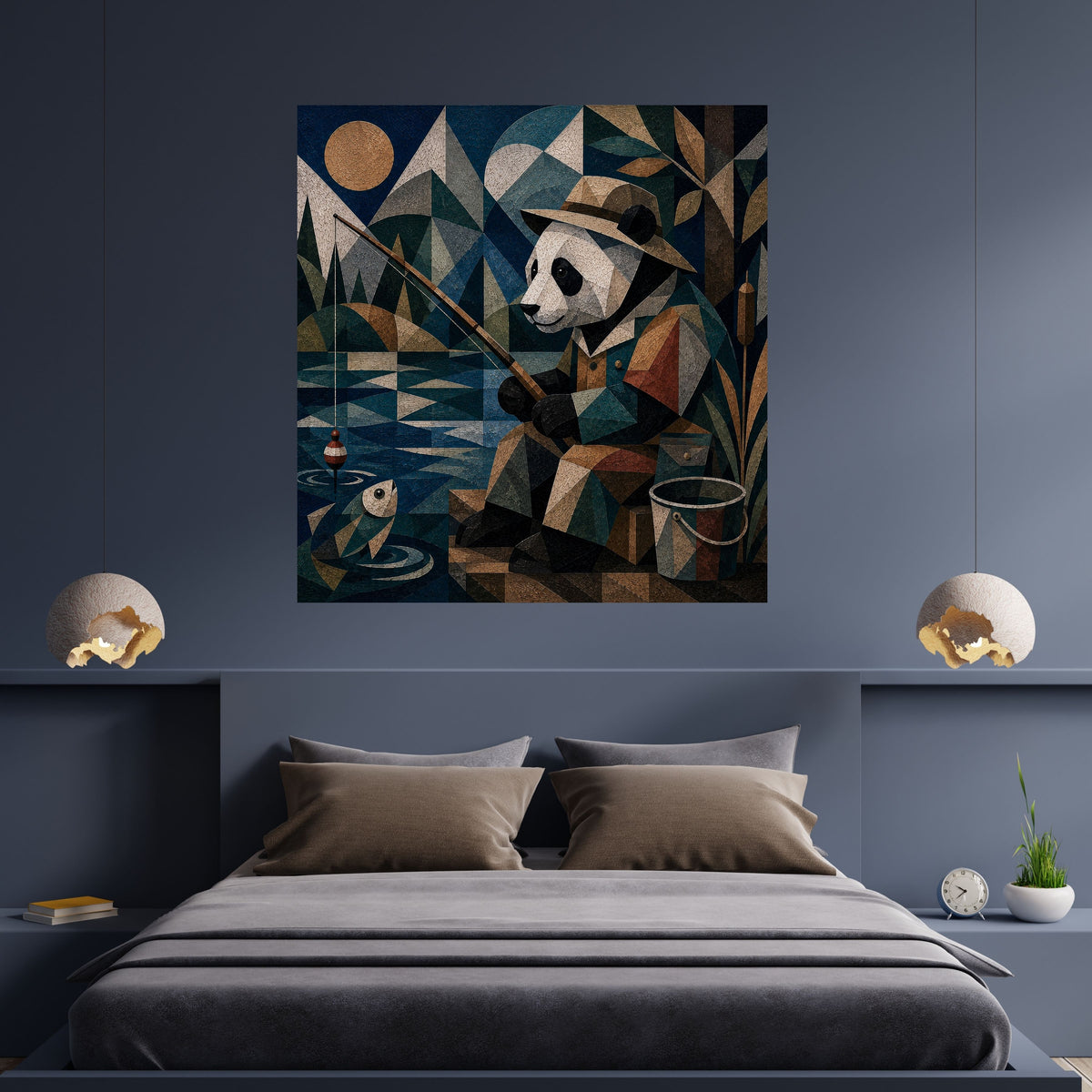 Art Deco Panda Fisherman Wall Art Bundle, Commercial Use Whimsical Nocturnal Panda Fishing by Moonlight, Quirky Animal POD Print, Digital Download, 300 DPI