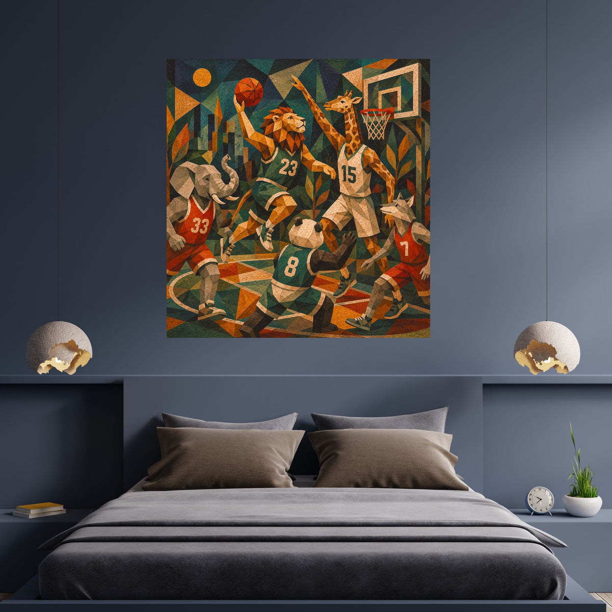 Art Deco Animal Basketball Game Wall Art Printable, Lion Giraffe Elephant Panda Wolf Players Poster, Teal Orange Sports Lover Home Decor Print, Digital Download, 300 DPI